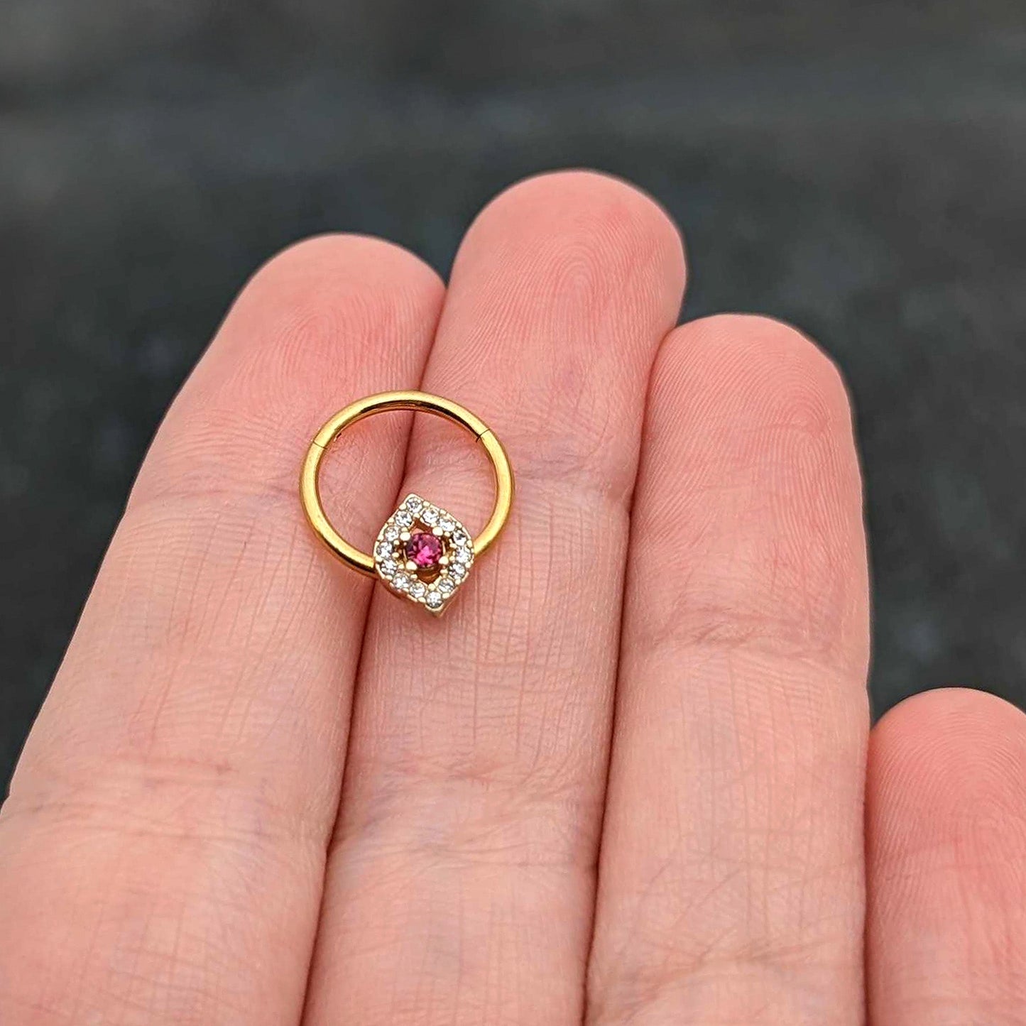 16G 3/8 Clear Pink Gem Gold Tone Open Eye Hinged Segment Ring