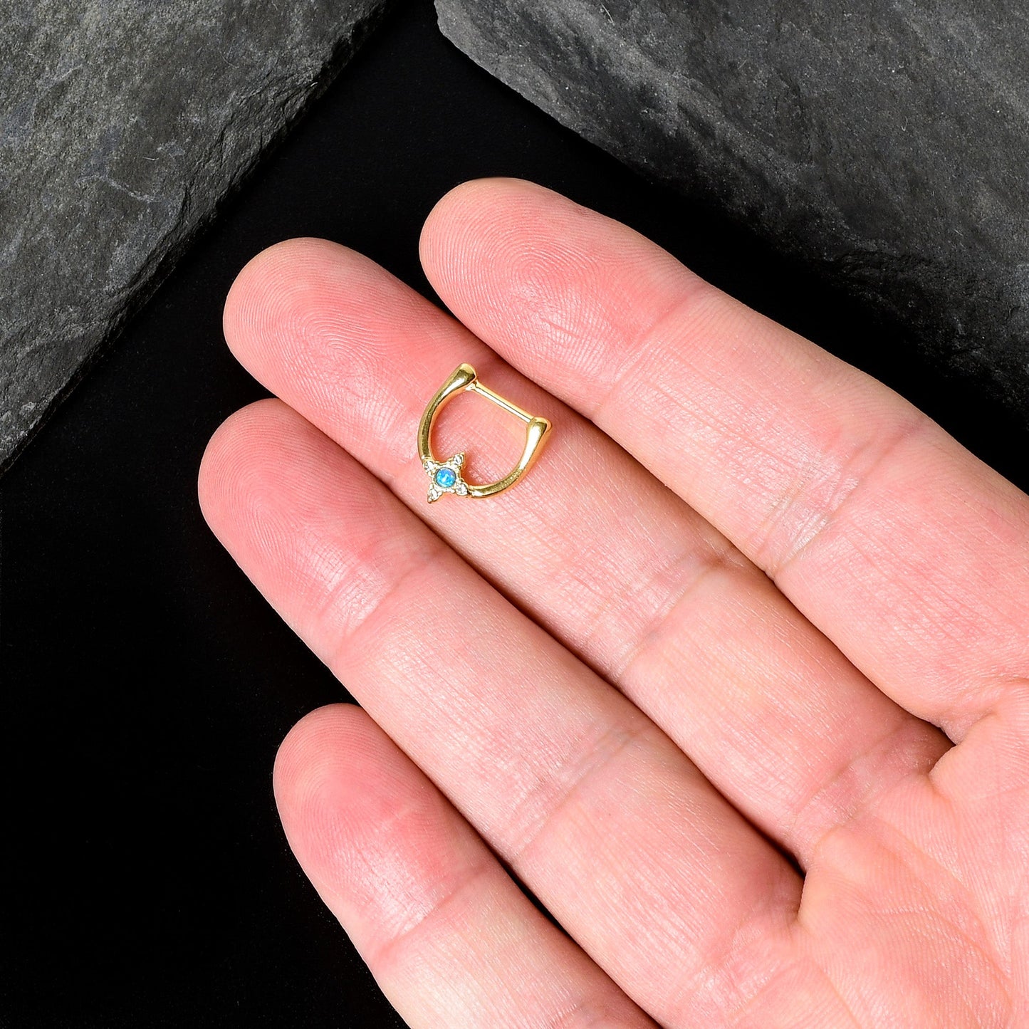 16G 5/16 Blue Synthetic Opal Gold Tone Rhombus Cartilage Clicker