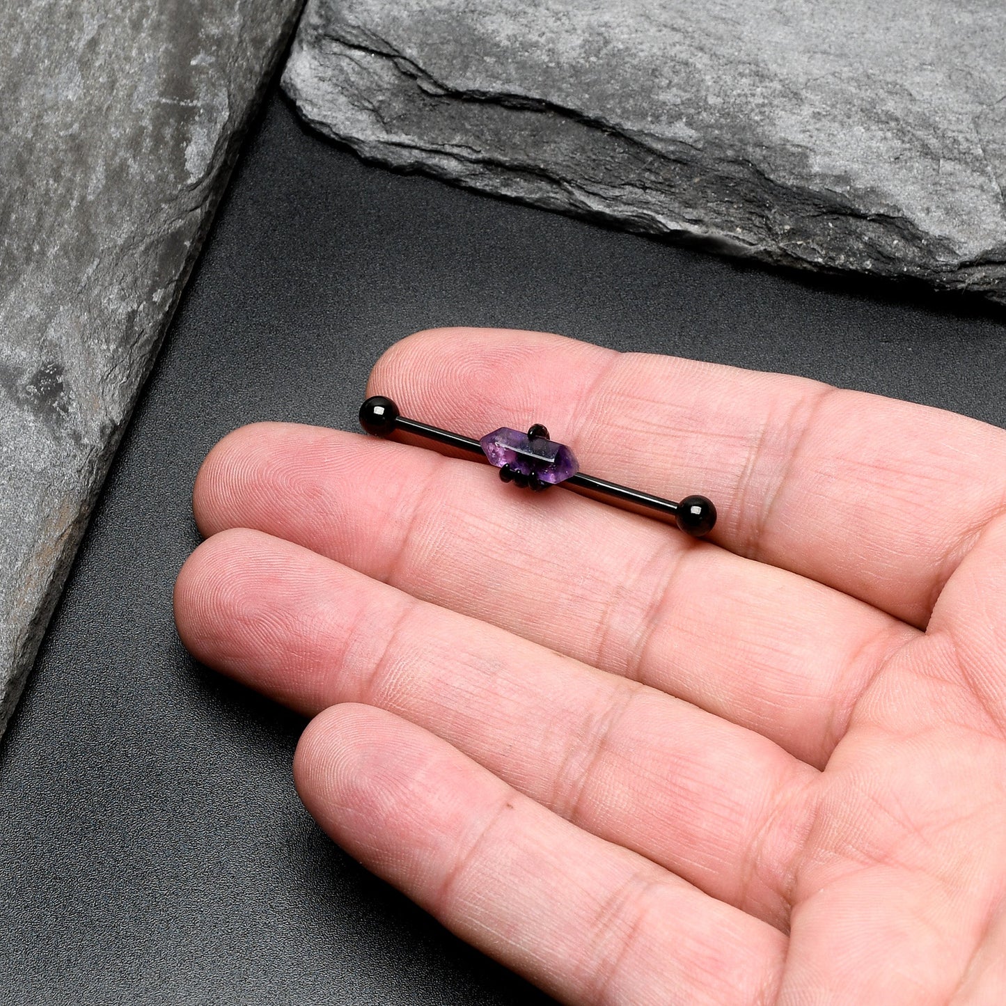 14G Purple Amethyst Black Claw Industrial Barbell 38mm