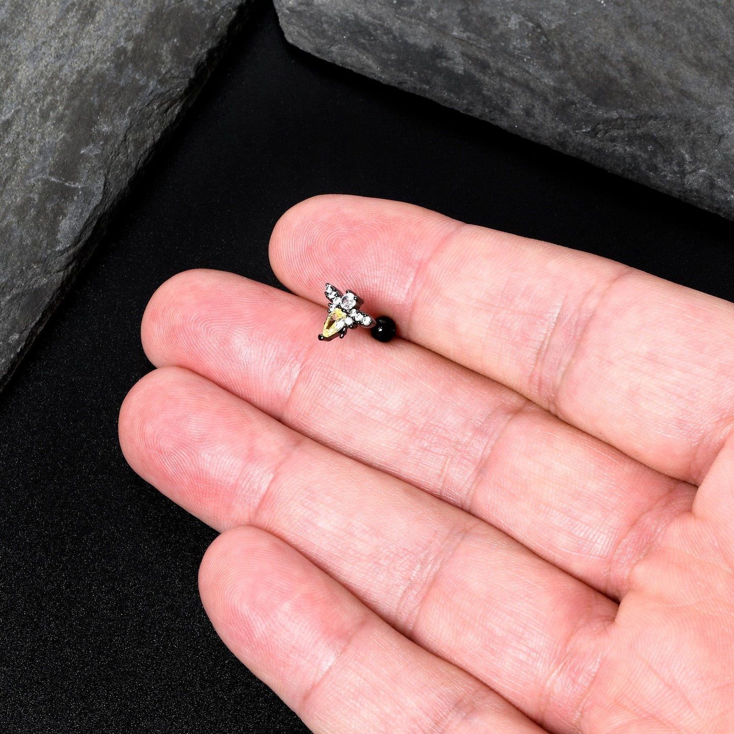 16G 1/4 Clear Yellow Gem Black Butterfly Cartilage Tragus Earring