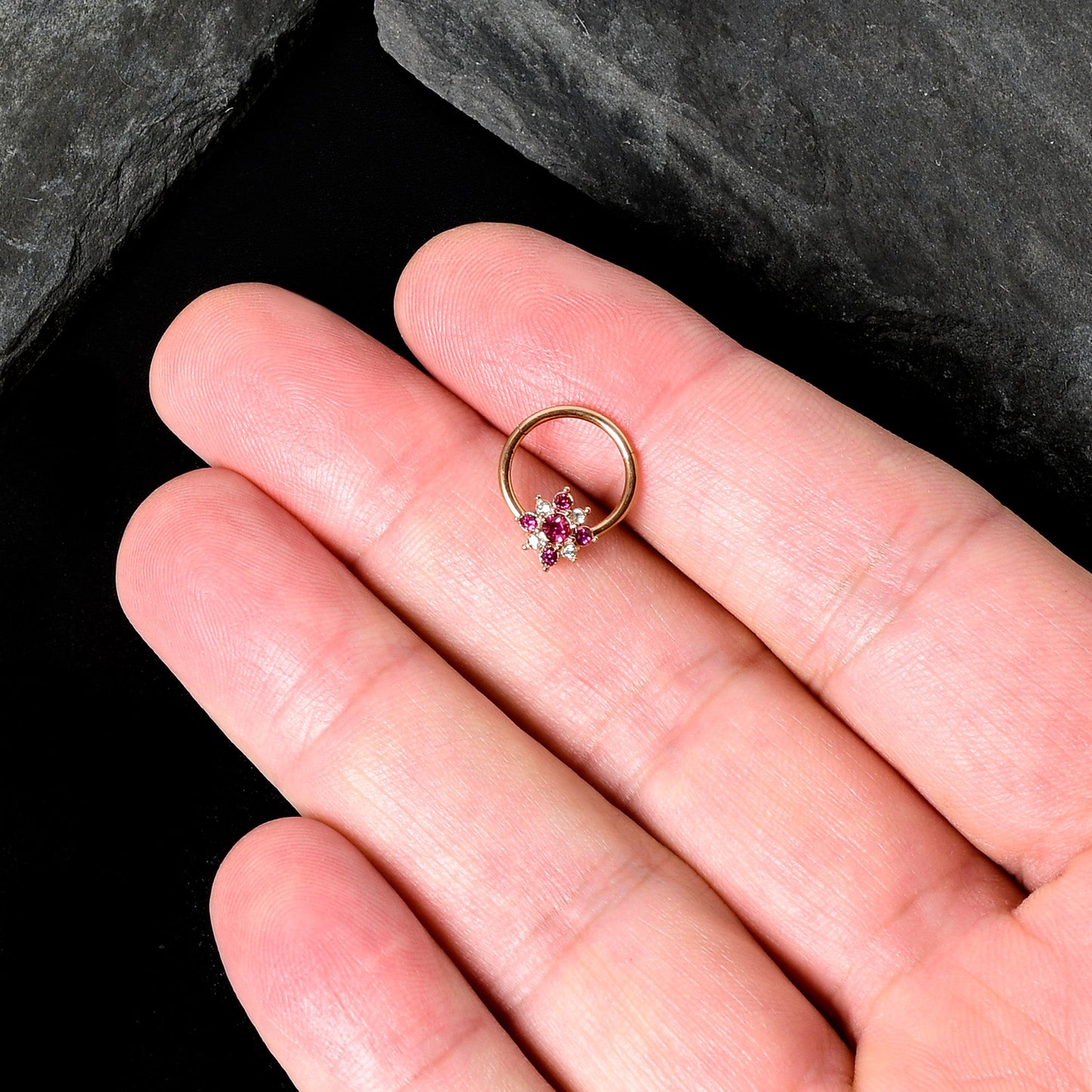 16G 3/8 Pink Gem Rose Gold Tone Glamour Star Hinged Segment Ring