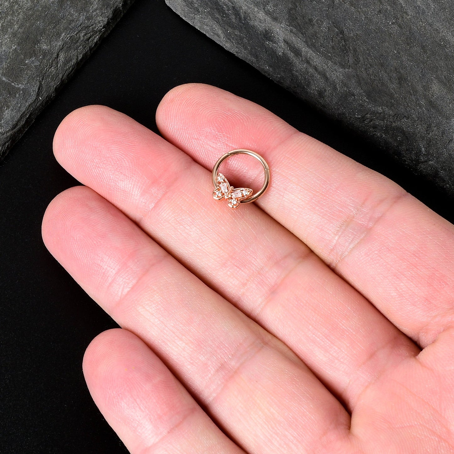 16G 3/8 Clear Gem Rosy Tone Baroque Butterfly Hinged Segment Ring