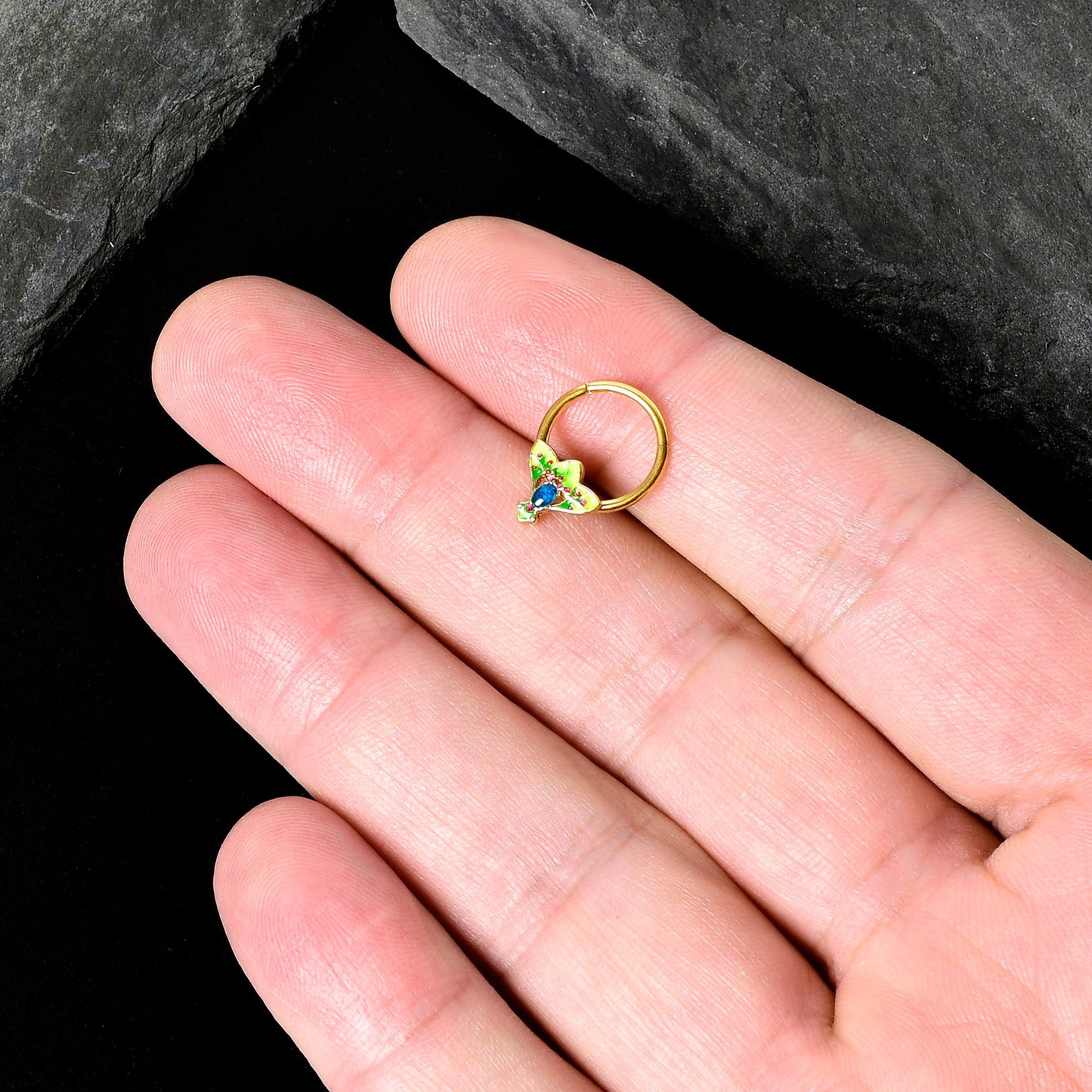 16G 3/8 Blue Gem Gold Tone Tropic Fan Hinged Segment Ring