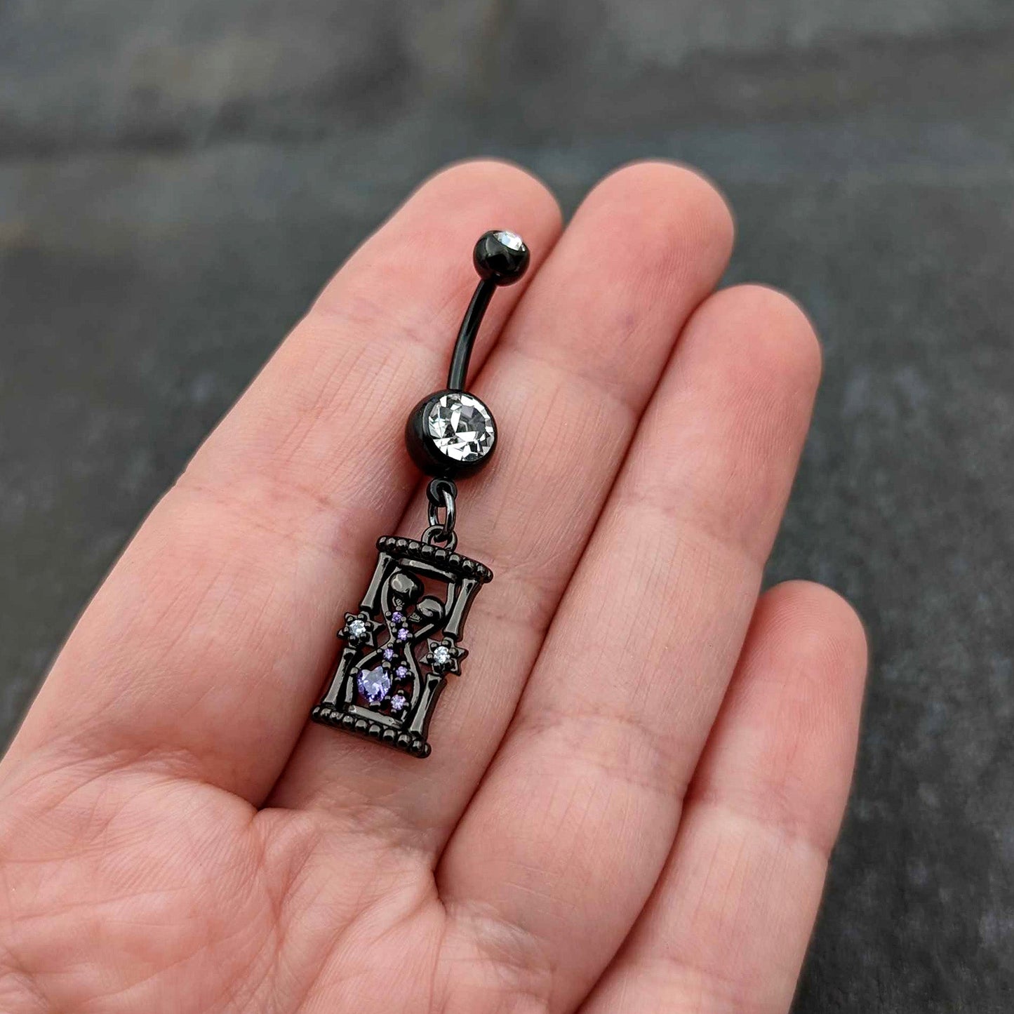 Clear Purple Gem Black Goth Heart Skulls Hourglass Dangle Belly Ring