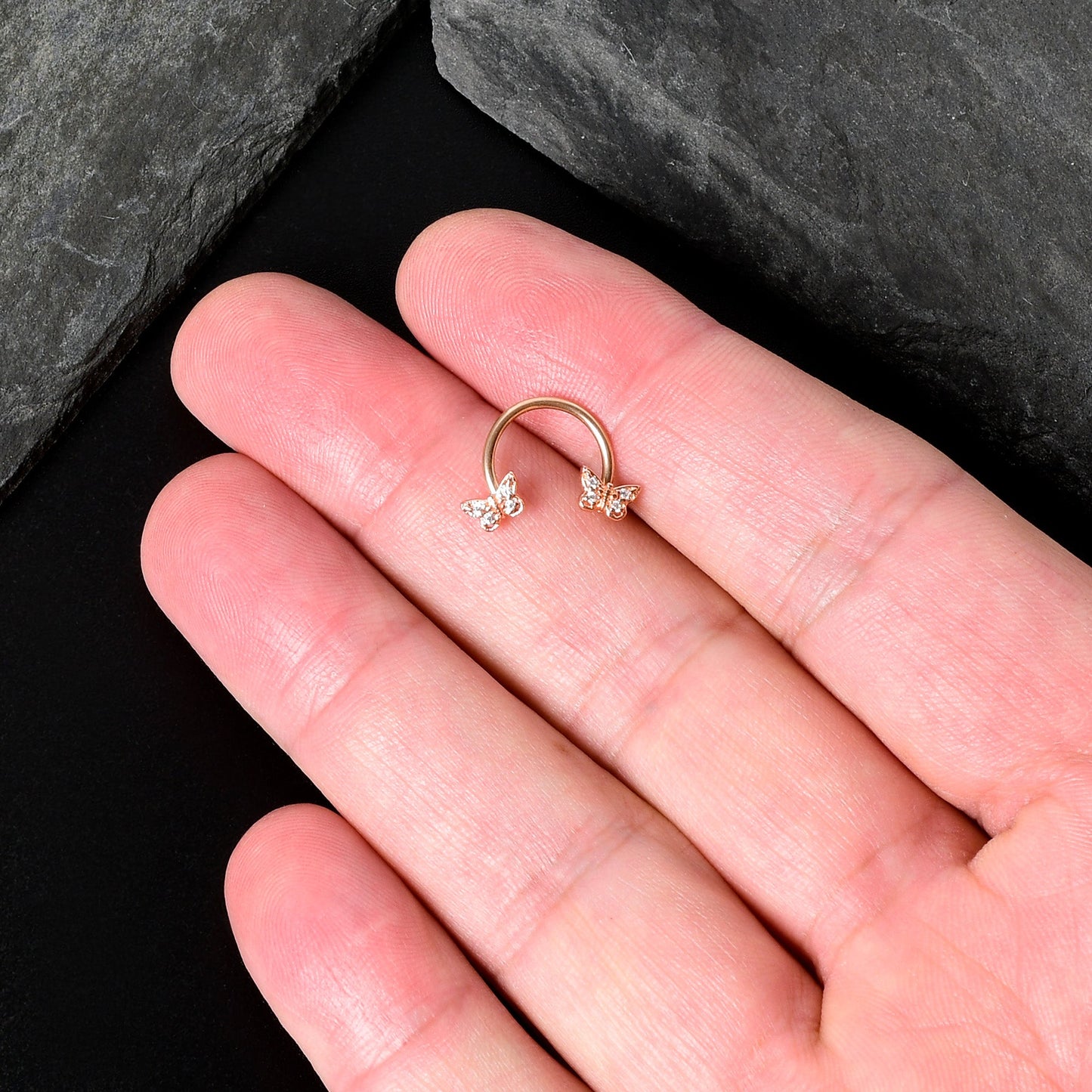 16G 3/8 Clear Gem Rosy Tone Butterfly Horseshoe Circular Barbell