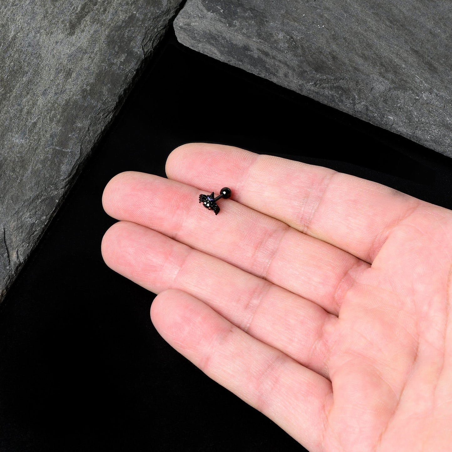 16G 1/4 Black Halloween Witchy Smiling Spider Cartilage Earring