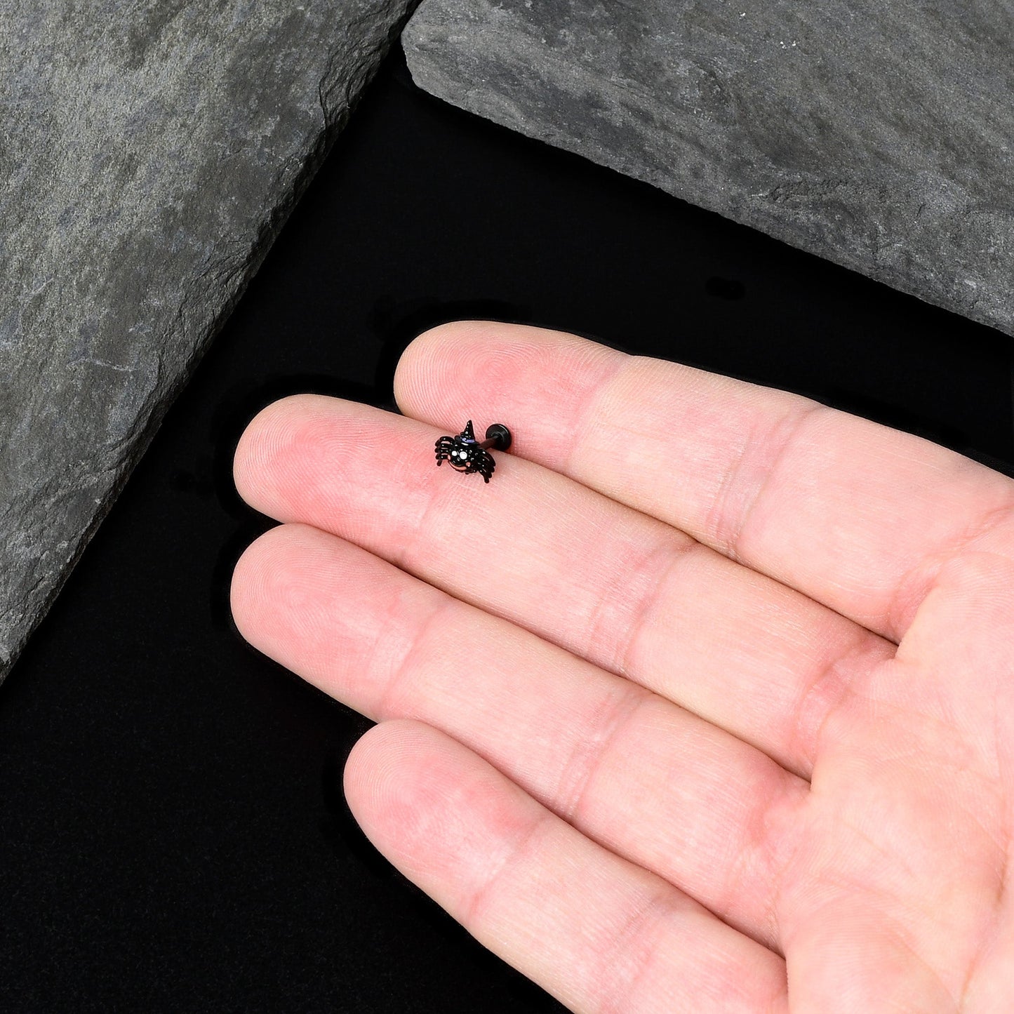 16G 5/16 Black Halloween Witch Smiling Spider Labret Monroe Tragus