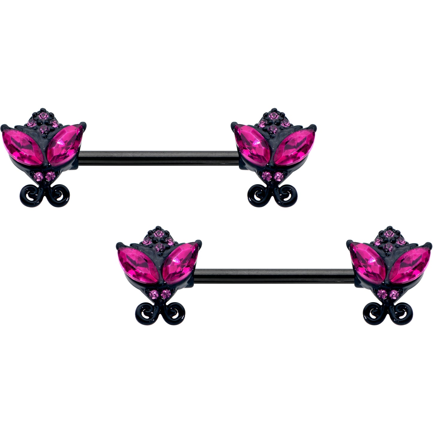 14G 9/16 Pink Gem Black Night Butterflies Barbell Nipple Ring Set