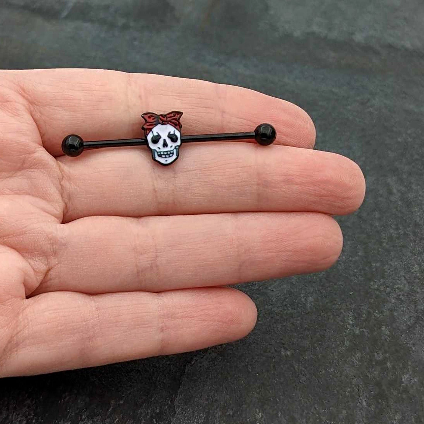 14G Black Halloween Skull Kerchief Industrial Barbell 38mm