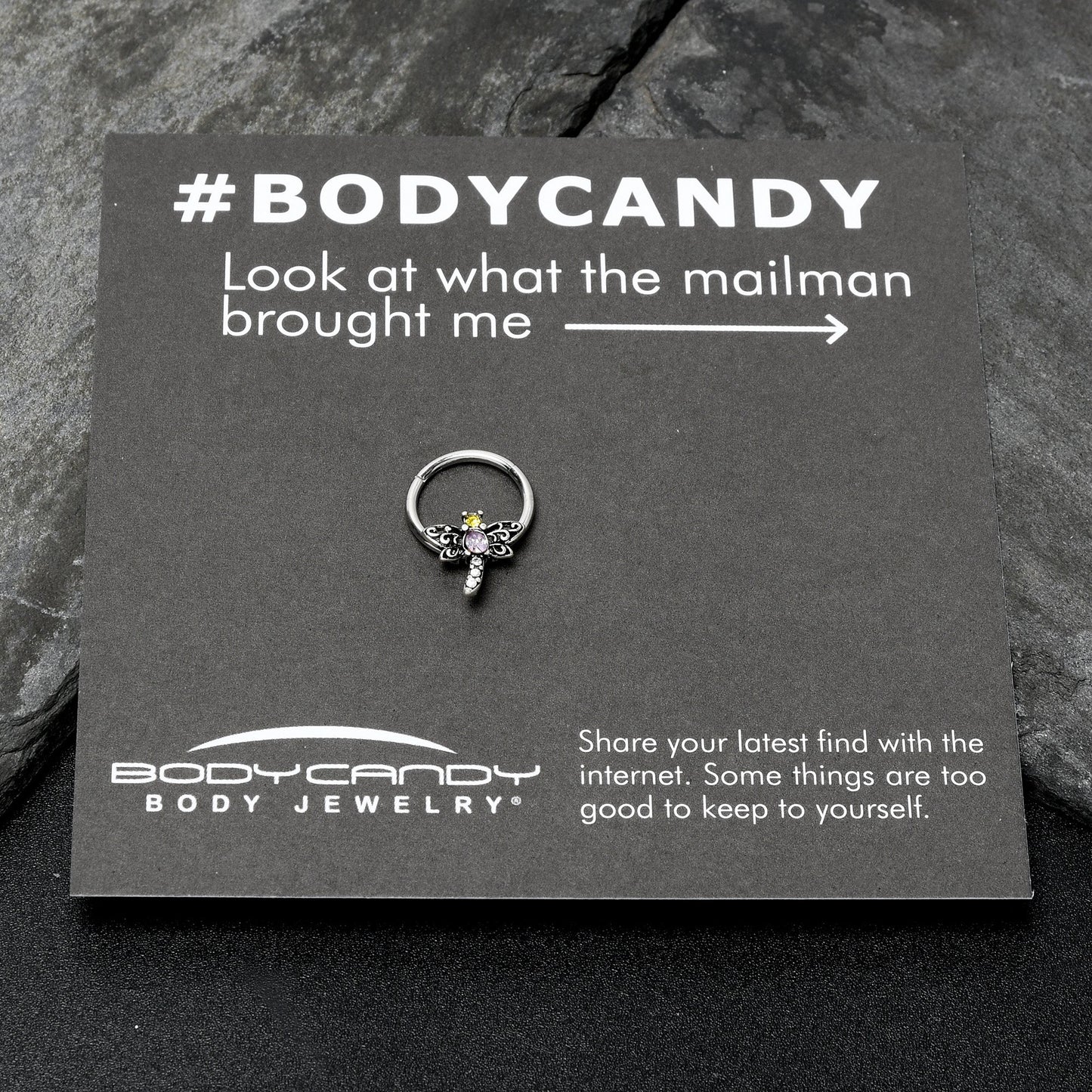 16G 3/8 Purple Yellow Gem Dragonfly Hinged Segment Ring