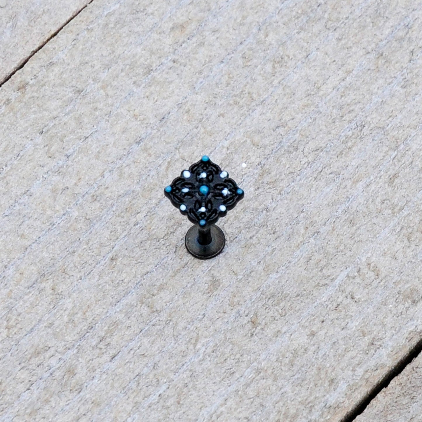 16G 5/16 Black Lacy Rhombus Blue Labret Monroe Tragus