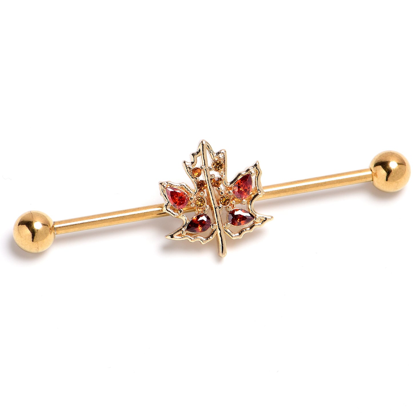14G Red Yellow Gem Gold Tone Maple Leaf Industrial Barbell 38mm