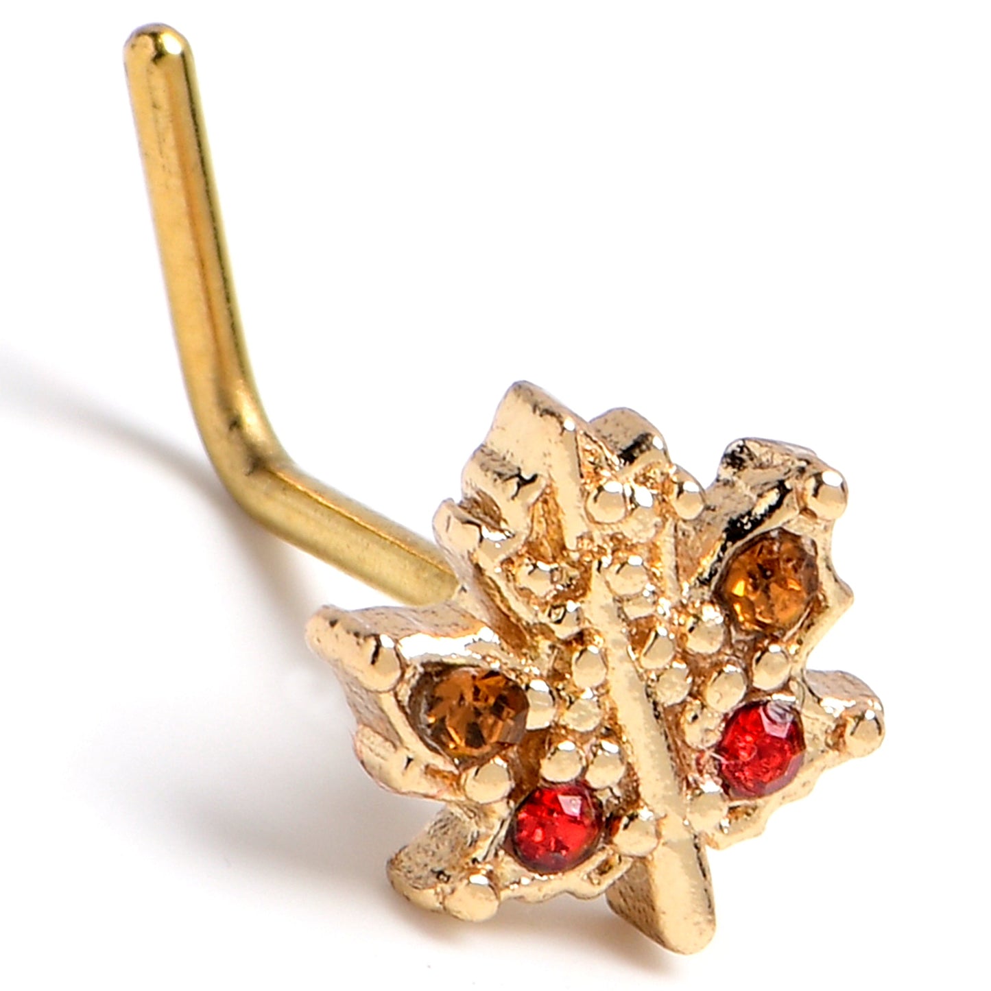 20G 7mm Red Yellow Gem Gold Tone Maple Leaf L Shape Nose Ring