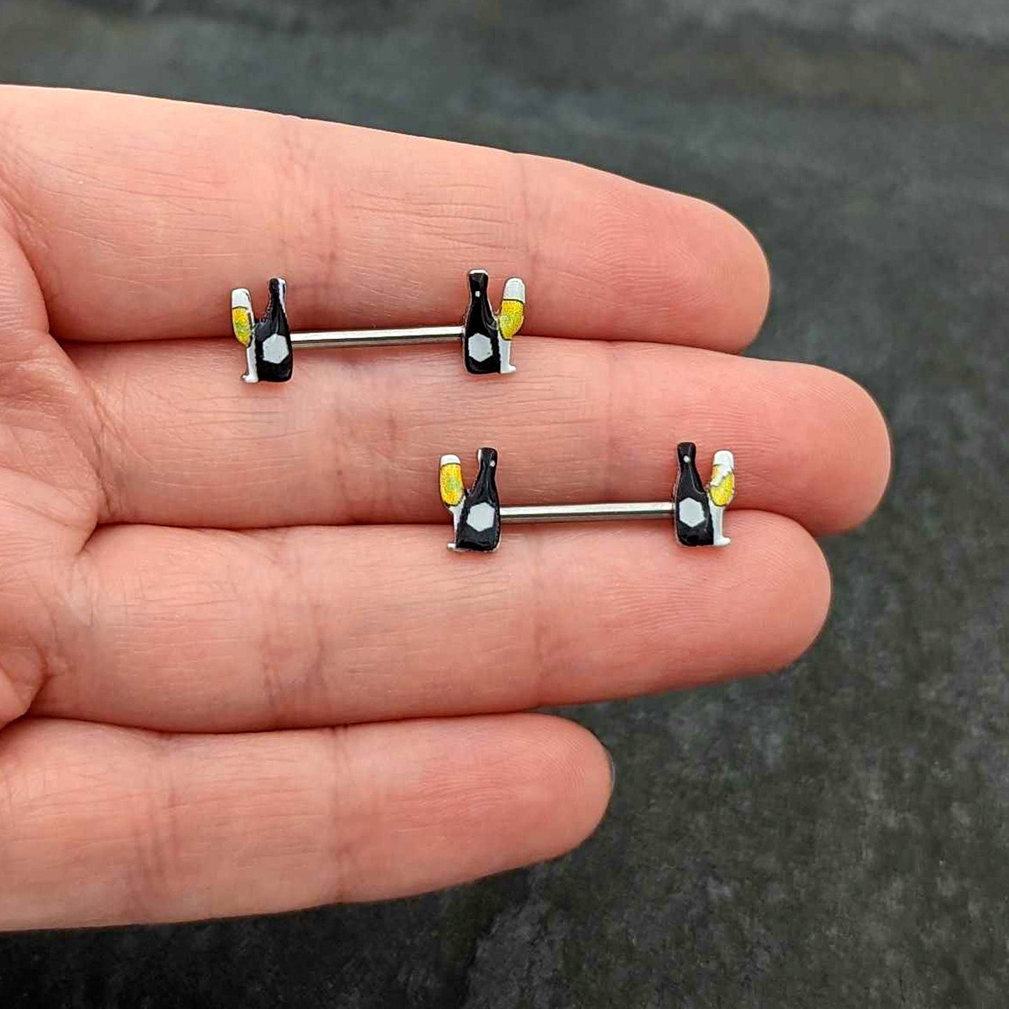 14G 9/16 Champagne Bottle Flute Yellow Barbell Nipple Ring Set