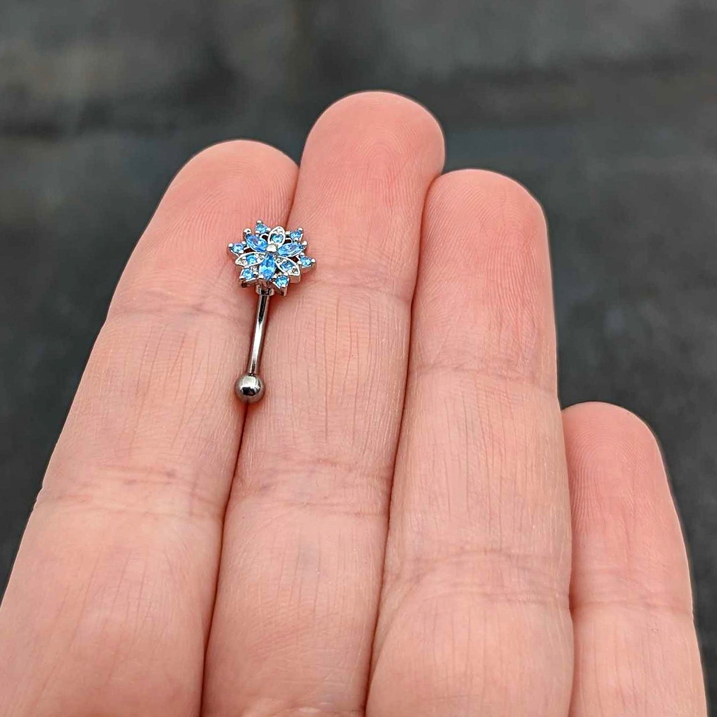 16G 5/16 Blue CZ Gem Snowflake Blues Curved Eyebrow Ring