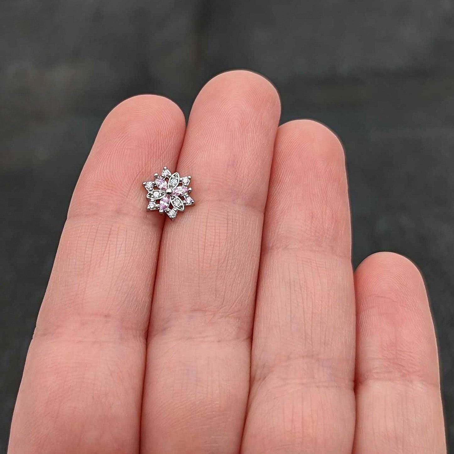 16G 5/16 Pink Clear CZ Gem Snowflake Labret Monroe Tragus