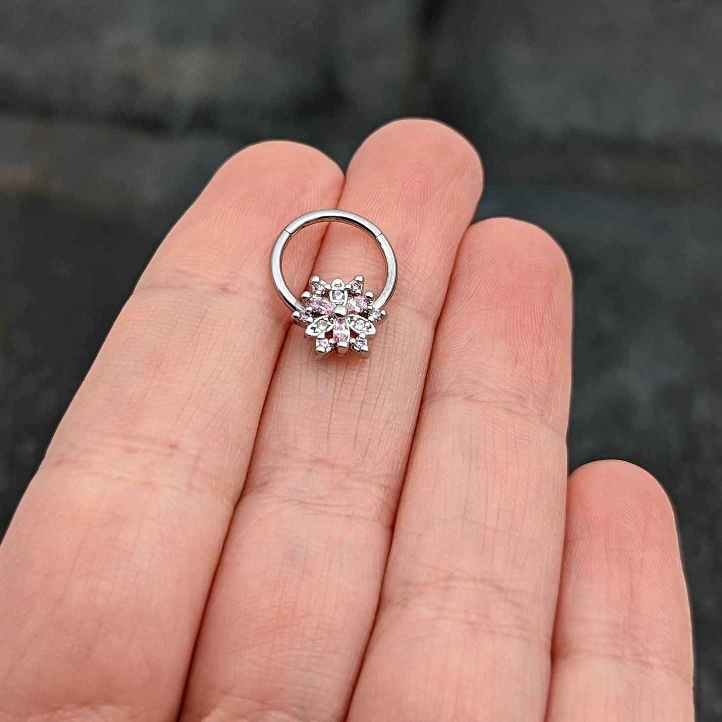 16G 3/8 Clear Pink CZ Gem Snowflake Hinged Circular Ring