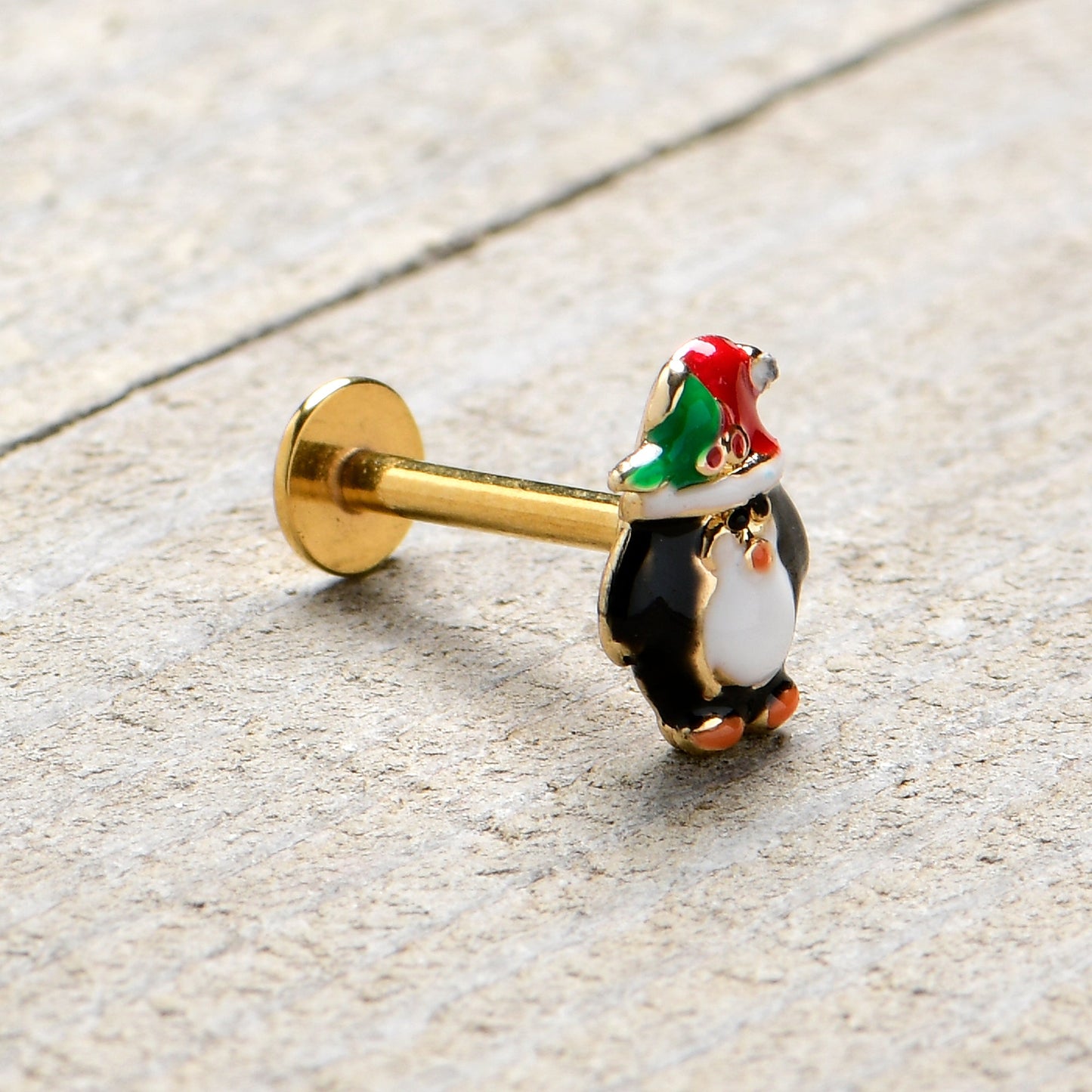 16G 5/16 Gold Tone Holly Hat Penguin Holiday Labret Monroe Tragus