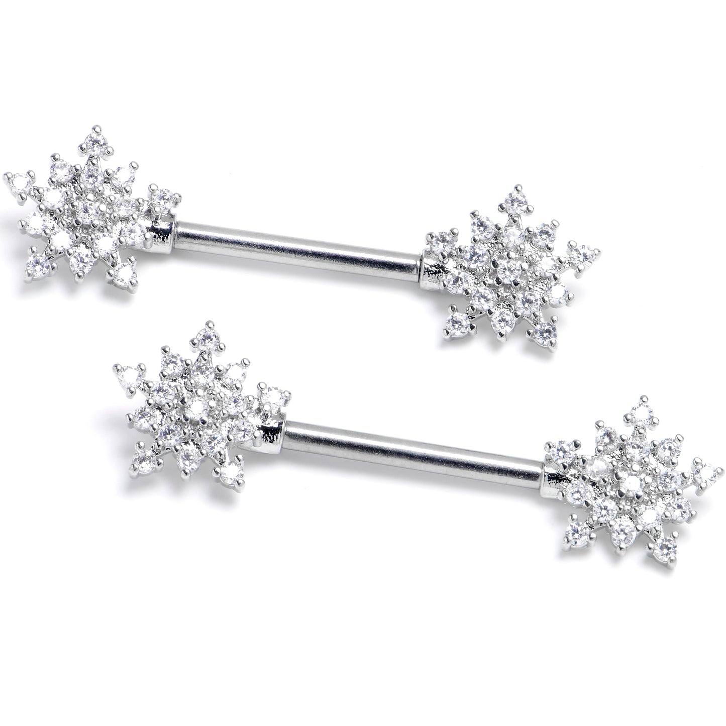 14G 9/16 Clear Gem Classic Snowflake Barbell Nipple Ring Set
