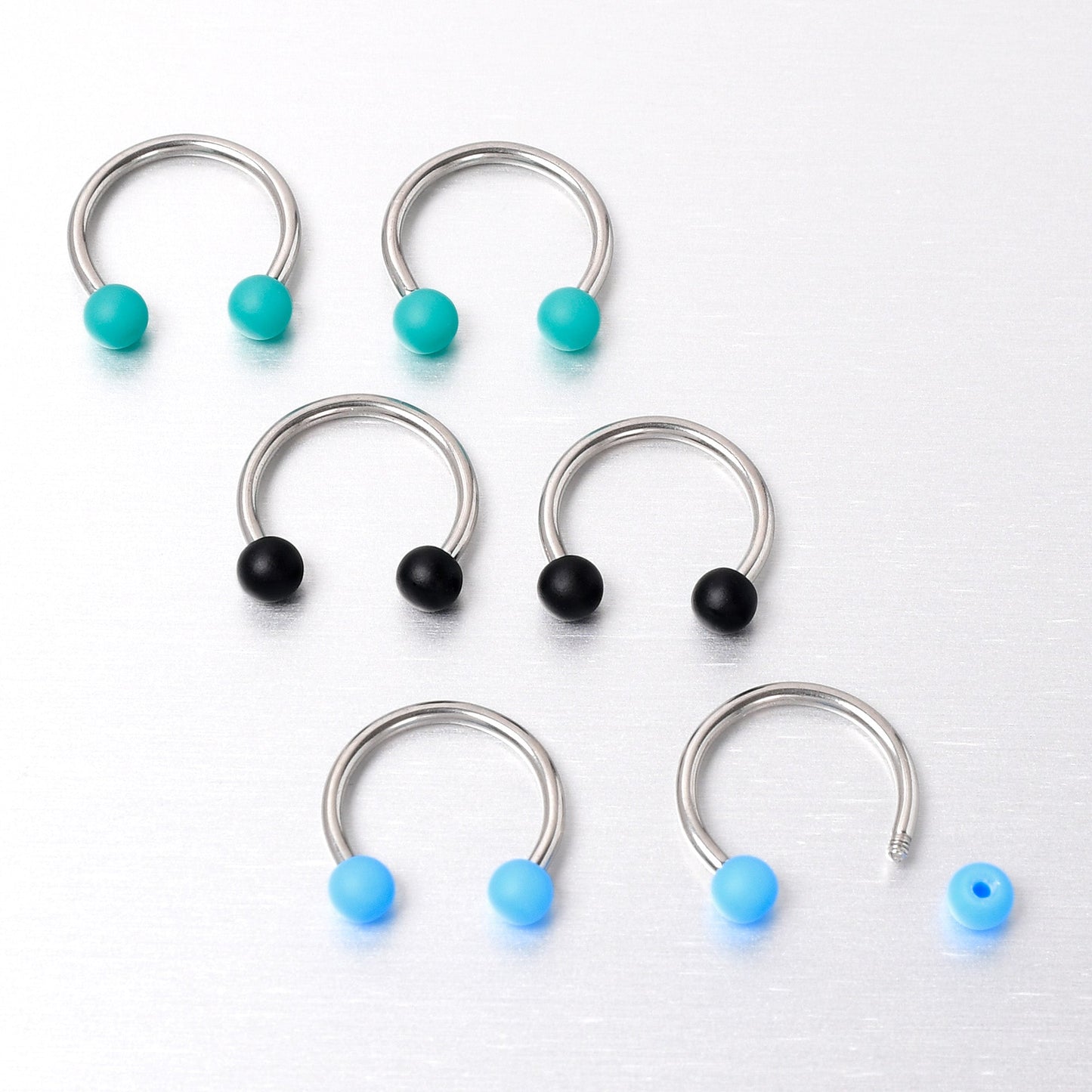 16G 3/8 Matte Black Blue Teal Horseshoe Circular Barbell Set of 6