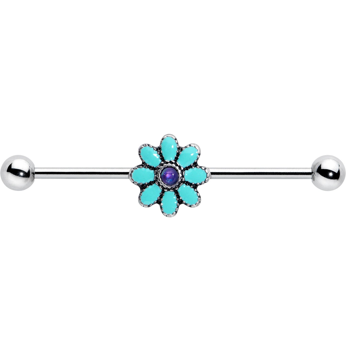 14G Blue Faux Opal Flower Teal Petals Industrial Barbell 38mm