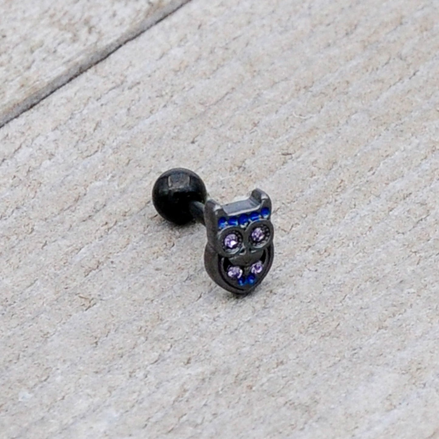 16G 1/4 Purple Gem Black Opulent Owl Cartilage Tragus Earring