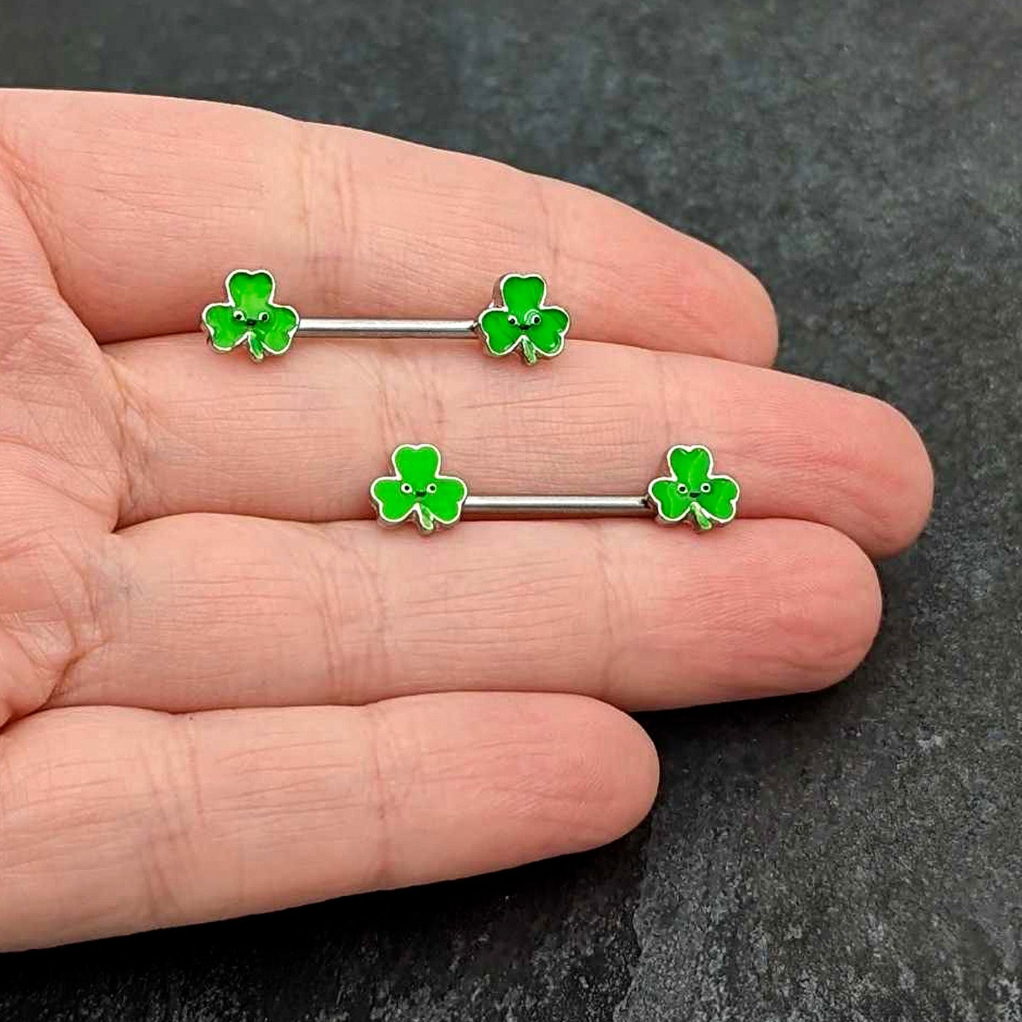 14G 9/16 Kawaii Smile Shamrock St Patricks Barbell Nipple Ring Set