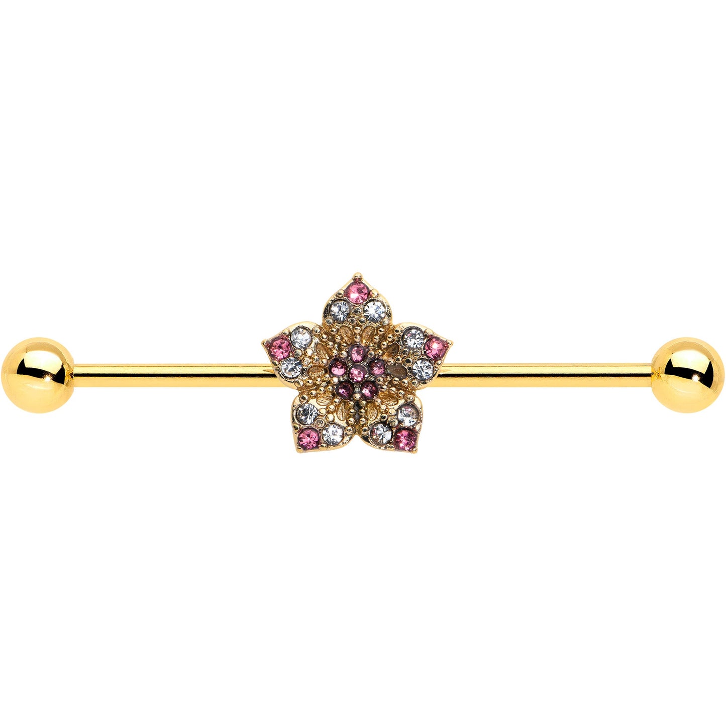 14G Clear Pink Gem Gold Tone Texture Star Industrial Barbell 38mm