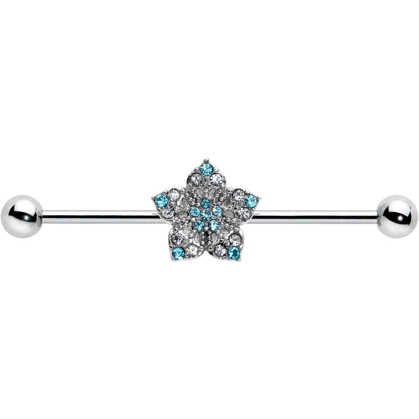 14G Blue Clear Gem Opulent Flower Industrial Barbell 38mm
