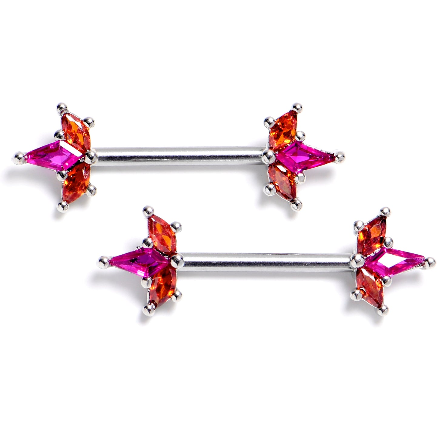 14G 9/16 Orange Pink Gem Abstract Fire Barbell Nipple Ring Set