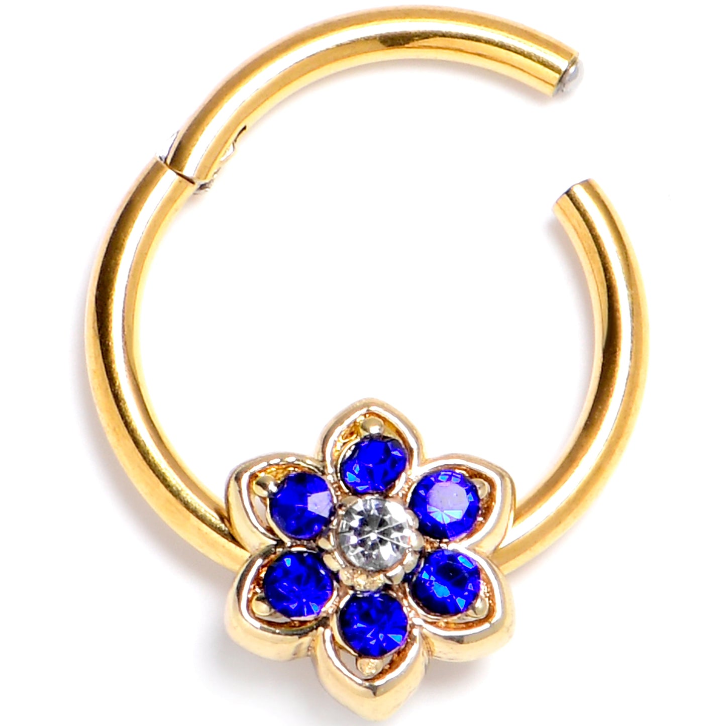16G 3/8 Blue Gem Gold Tone Radiant Bloom Flower Hinged Segment Ring