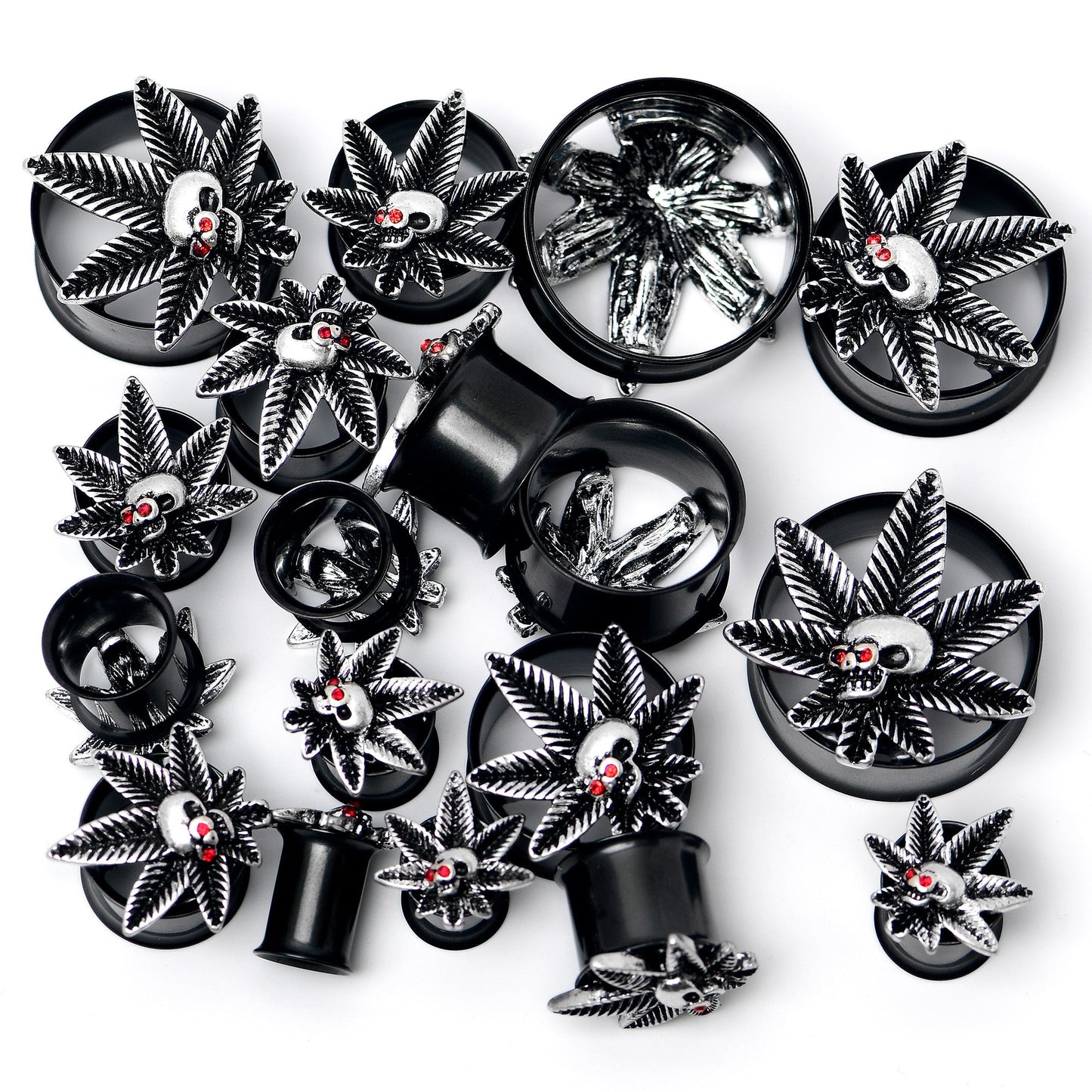 Red Gem Black Pot Leaf Skull Tunnel Plug Set