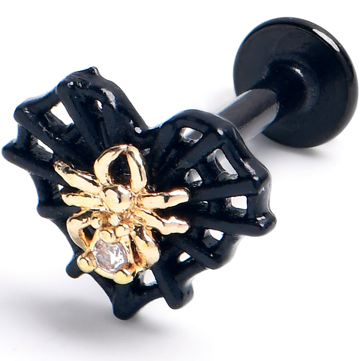 16G 5/16 Clear Gem Black Golden Spider Web Heart Labret Tragus