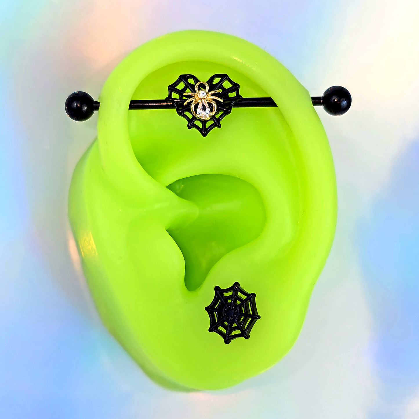14G Clear Gem Black Golden Spider Web Heart Industrial Barbell 38mm