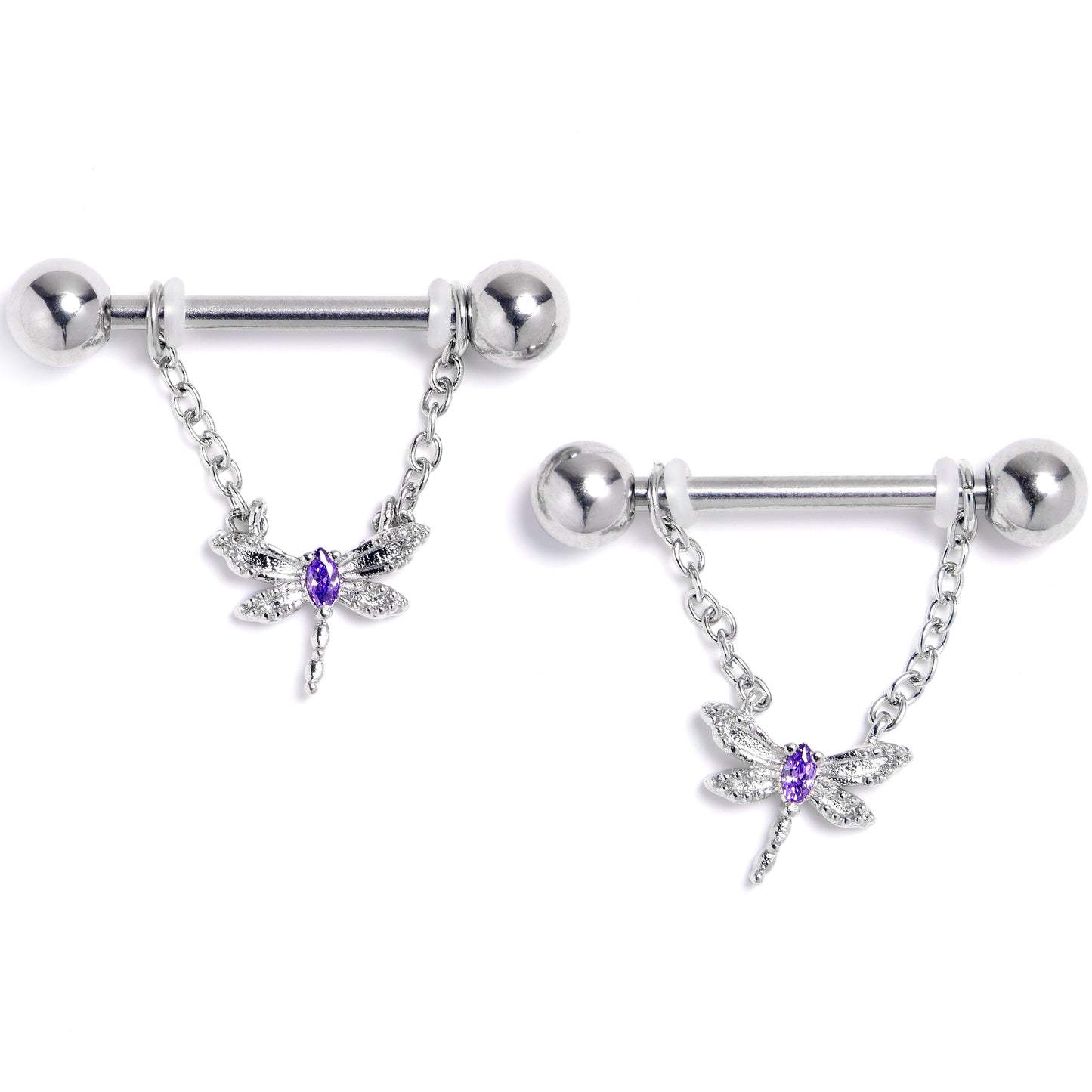 14G 9/16 Purple Gem Texture Dragonfly Dangle Nipple Ring Set