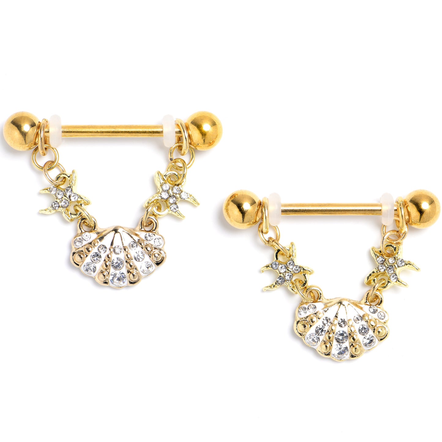 14G 9/16 Clear Gem Gold Tone Sea Shell Glam Dangle Nipple Ring Set