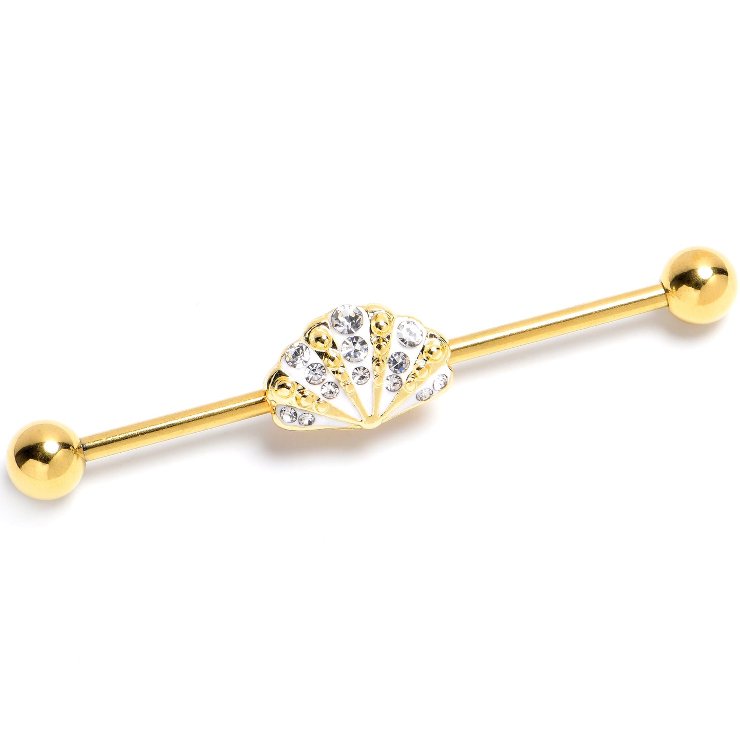 14G Clear Gem Gold Tone Luxe Sea Shell Glam Industrial Barbell 38mm