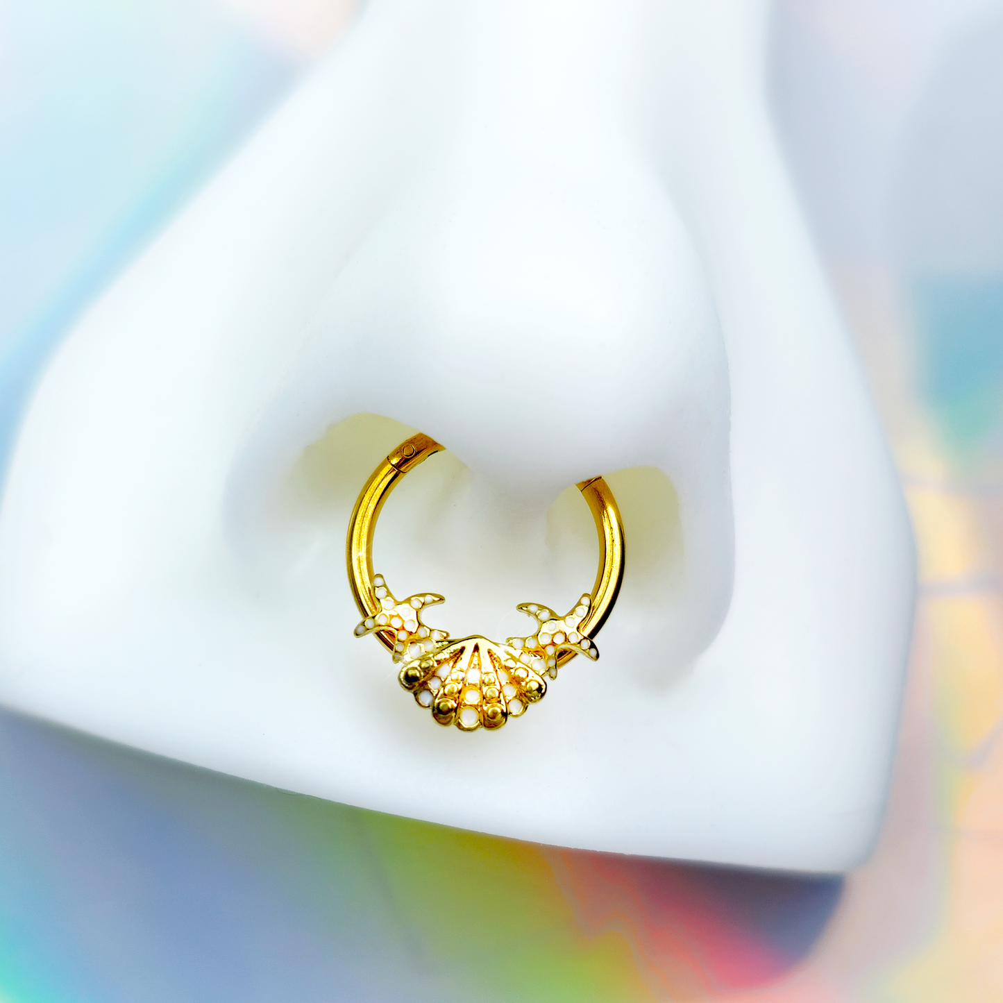 16G 3/8 Gold Tone Luxe Sea Shell Glam Starfish Hinged Segment RIng