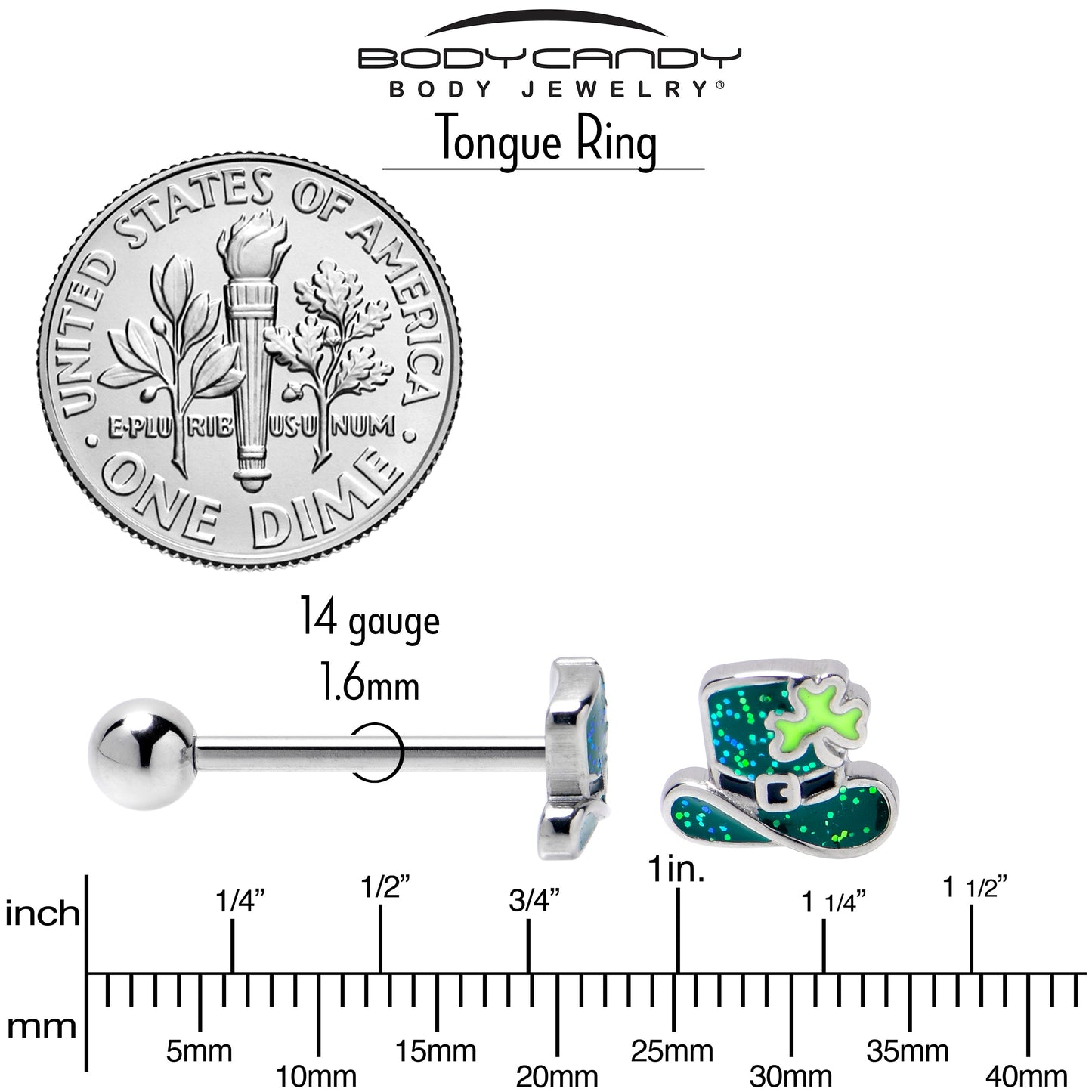 Glitter Top Hat Shamrock St Patricks Barbell Tongue Ring