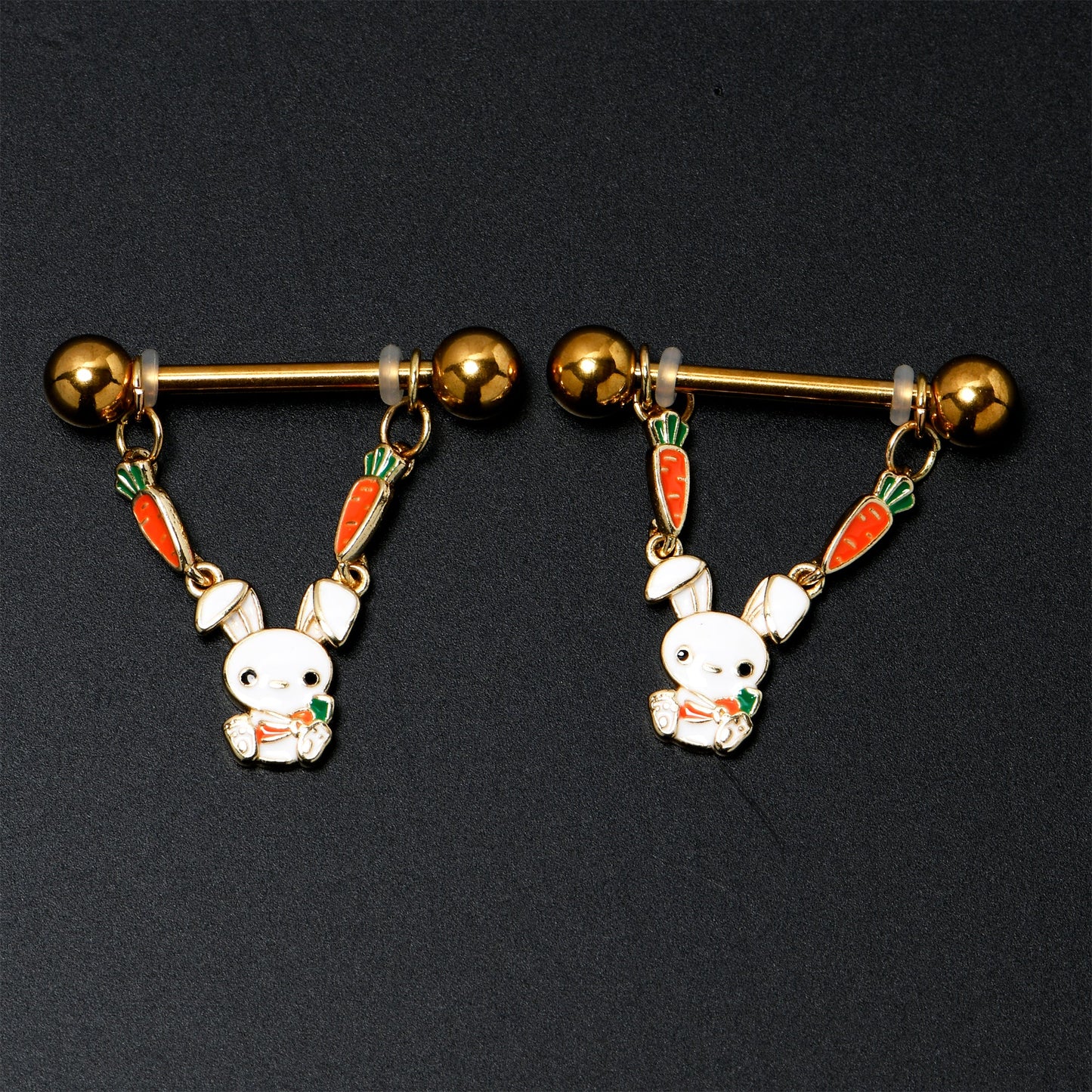 14G 9/16 Gold Tone Cutie Easter Bunny Dangle Nipple Ring Set