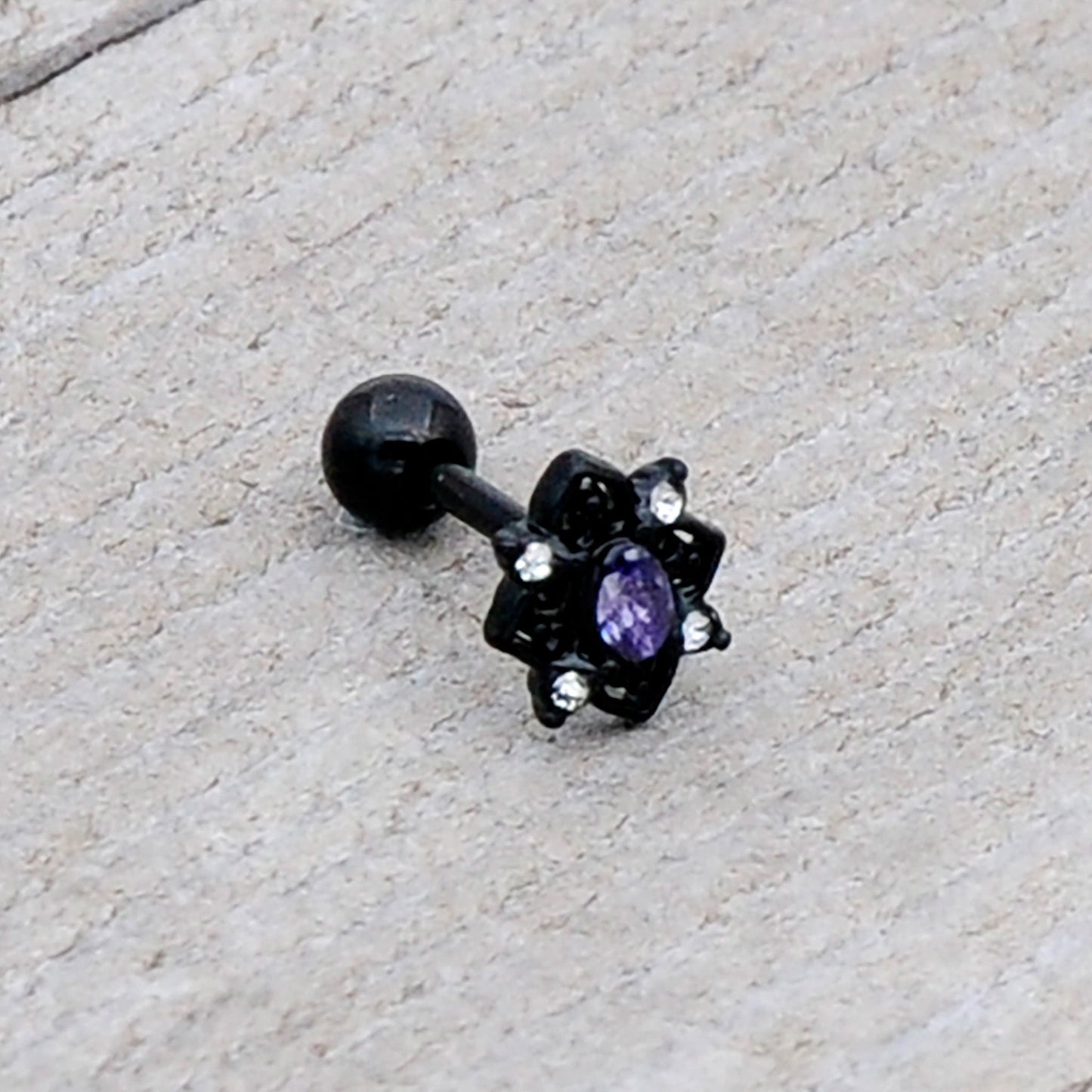16G 1/4 Purple Gem Black Scrolling Hearts Cartilage Tragus Earring