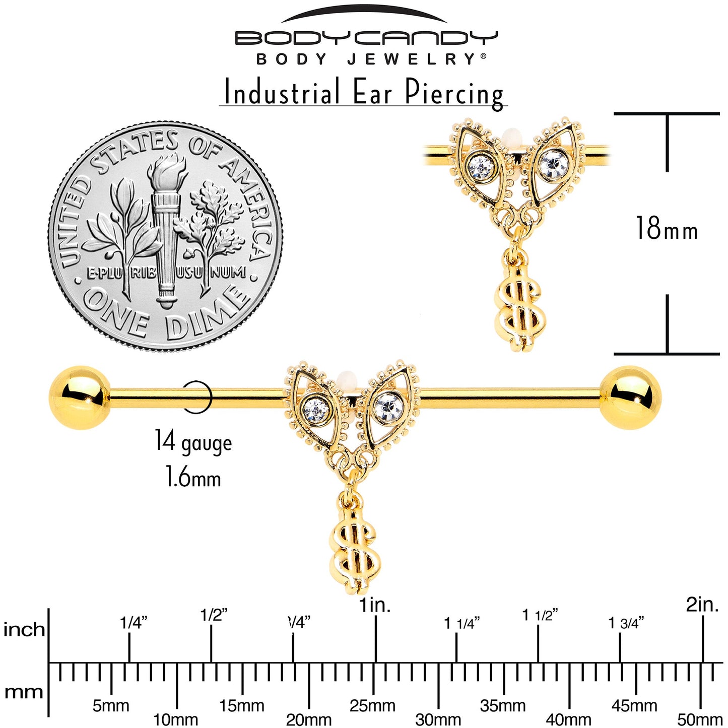 14G Clear Gem Gold Hue Seeing Money Dangle Industrial Barbell 38mm