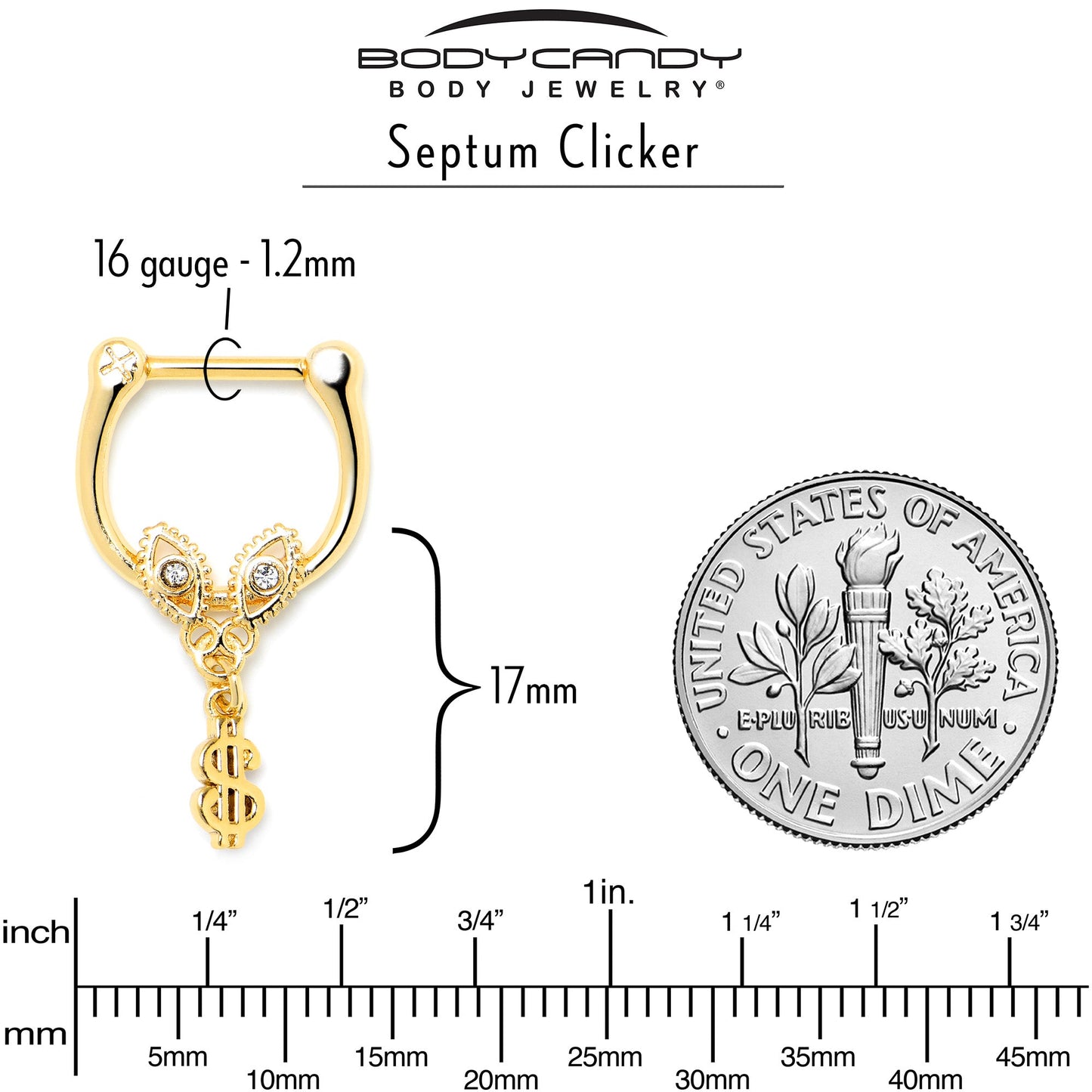 16G 5/16 Clear Gem Gold Hue Seeing Money Dangle Cartilage Clicker