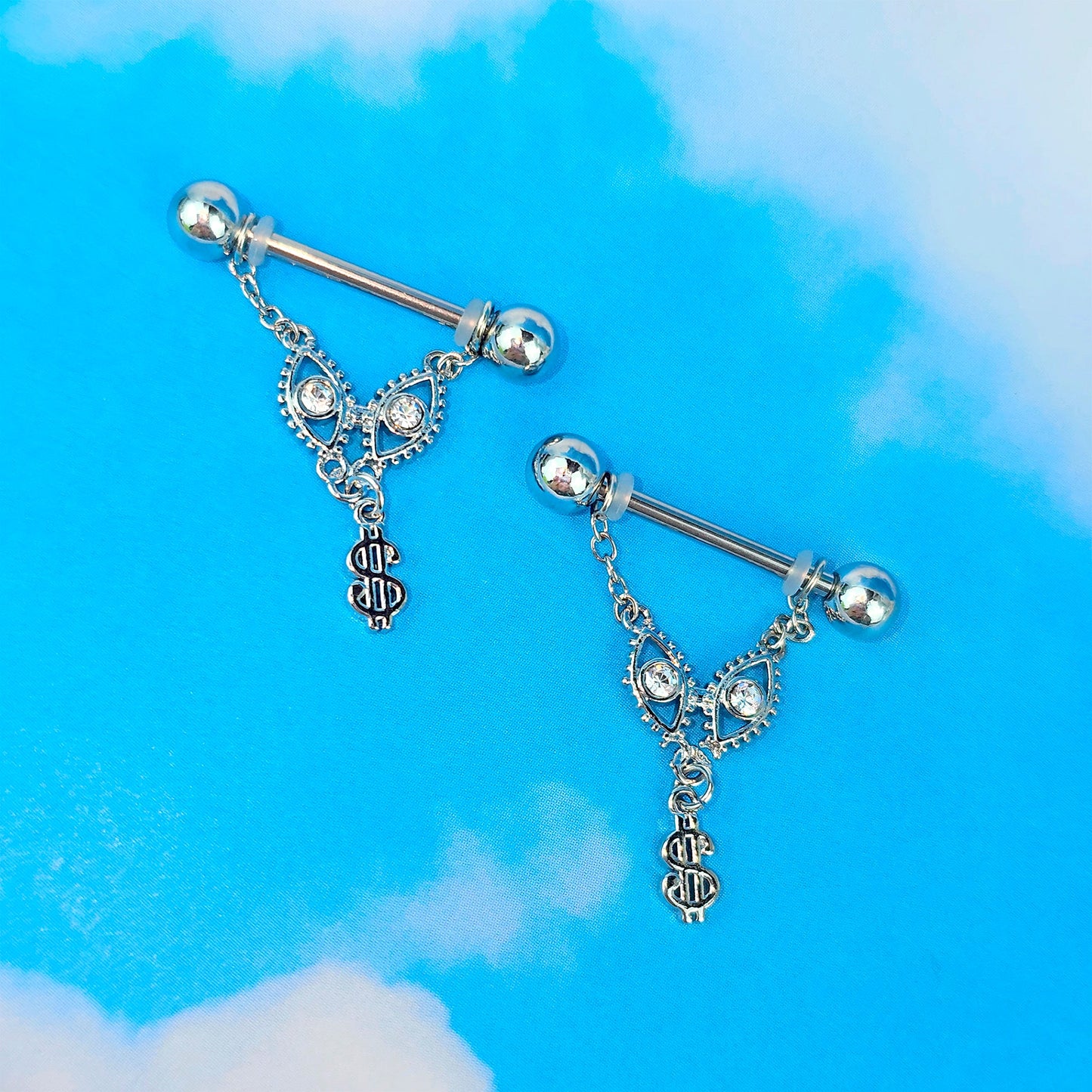 14G 9/16 Clear Gem Seeing Dollars Chain Dangle Nipple Ring Set