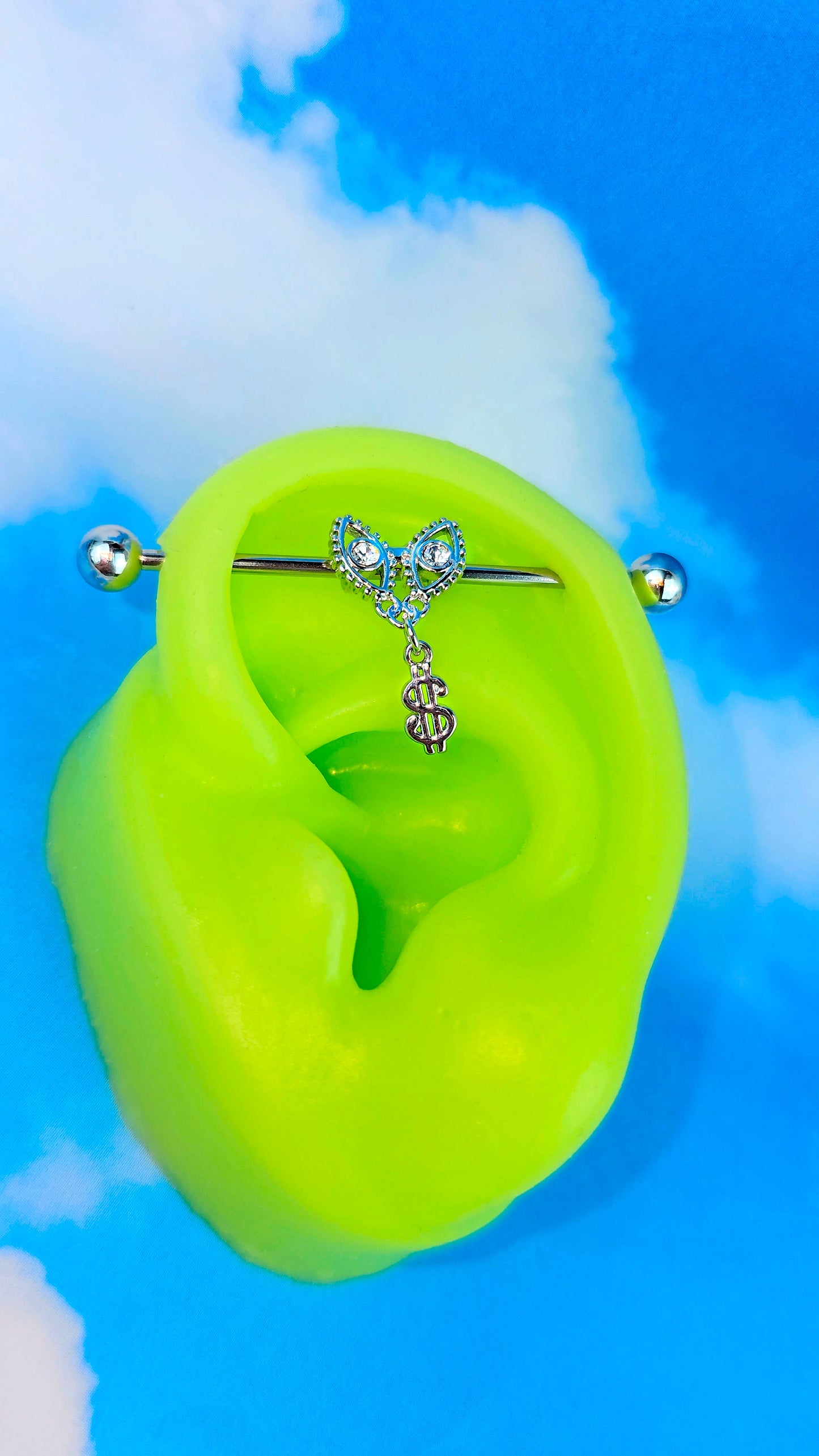 14G Clear Gem Seeing Money Dangle Industrial Barbell 38mm