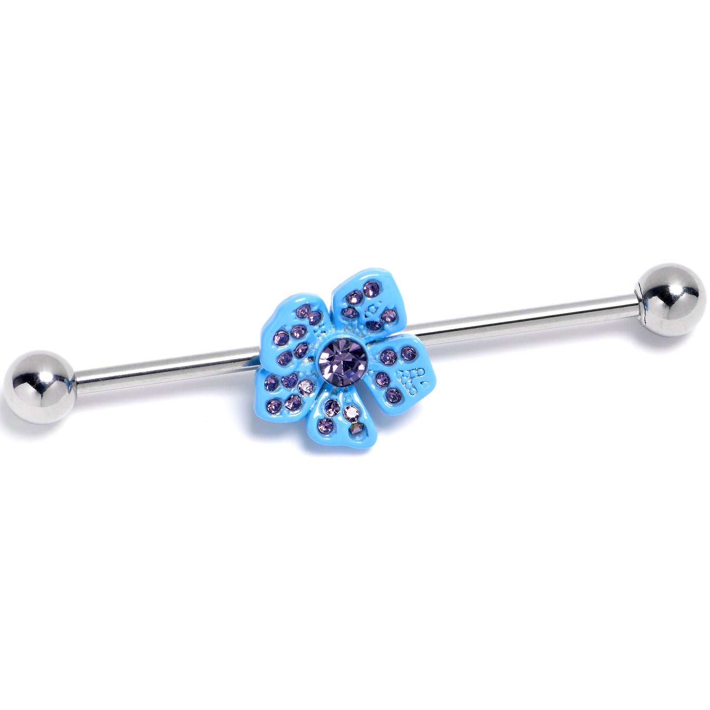 14G Purple Gem Flower Blue Bloom Industrial Barbell 38mm