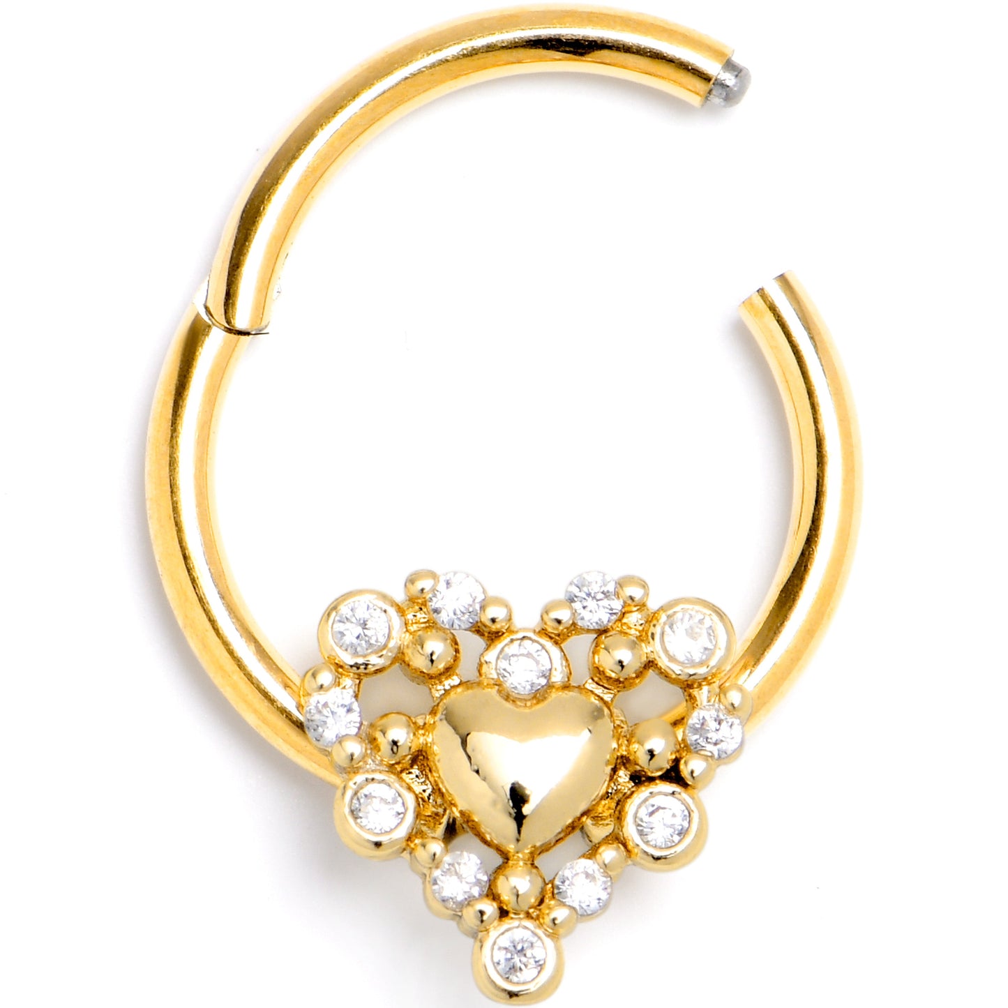 16G 3/8 Clear CZ Gem Gold Tone Heart Duo Hinged Segment Ring