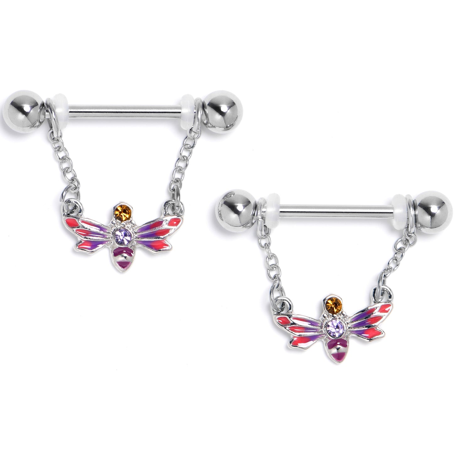14G 9/16 Purple Yellow Gem Dragonfly Stripe Dangle Nipple Ring Set