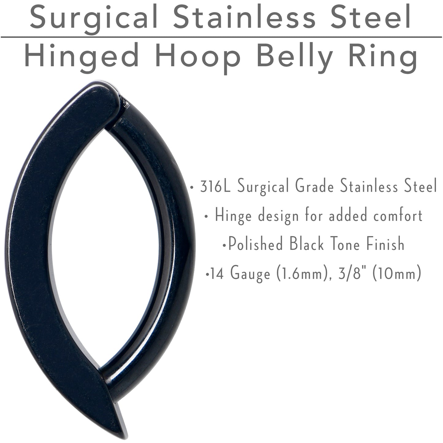 14G 3/8 Black Implant Grade Titanium CZ Paved Hinged Hoop Belly Ring