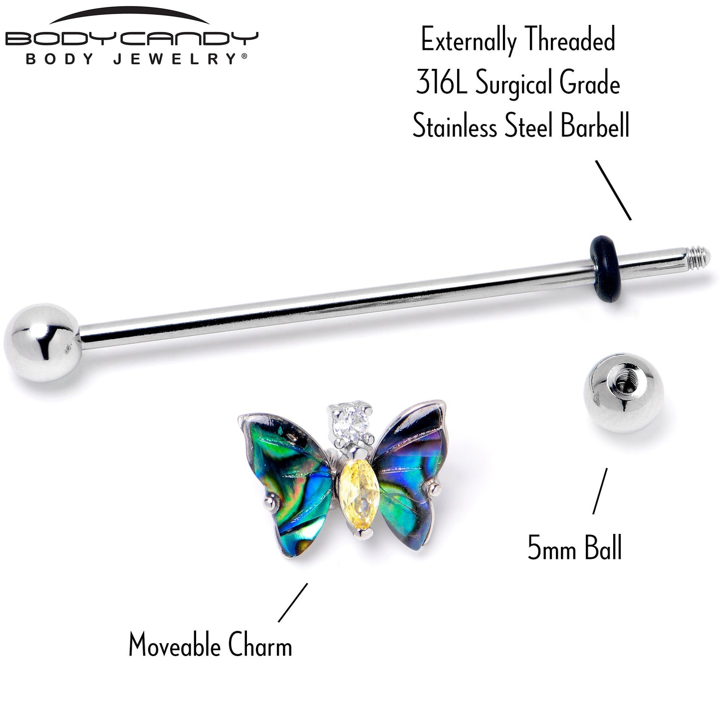 14G Yellow Clear Gem Dark Butterfly Industrial Barbell 38mm
